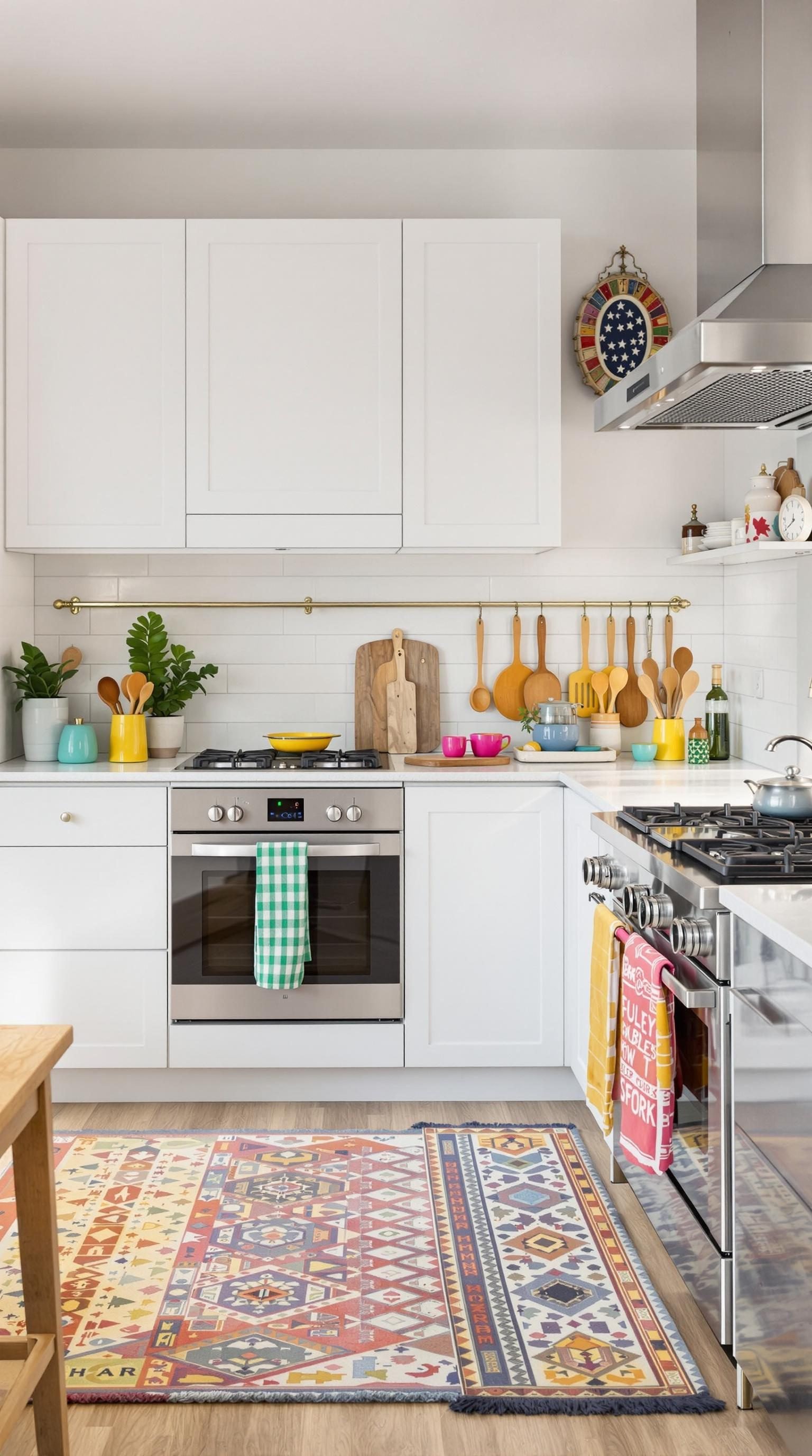 A bright kitchen featuring white cabinets and colorful kitchen accessories.