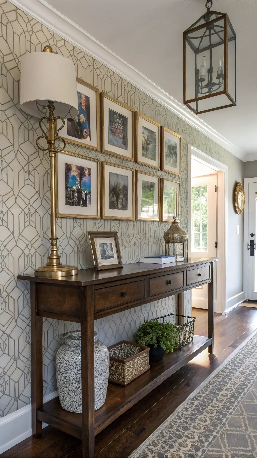 Mid-afternoon view of a 6x8ft entryway with antique walnut console table displaying modern pottery and vintage photos, oriental runner on the floor, geometric wallpaper, and a brass umbrella stand with modern LED sconce lighting.