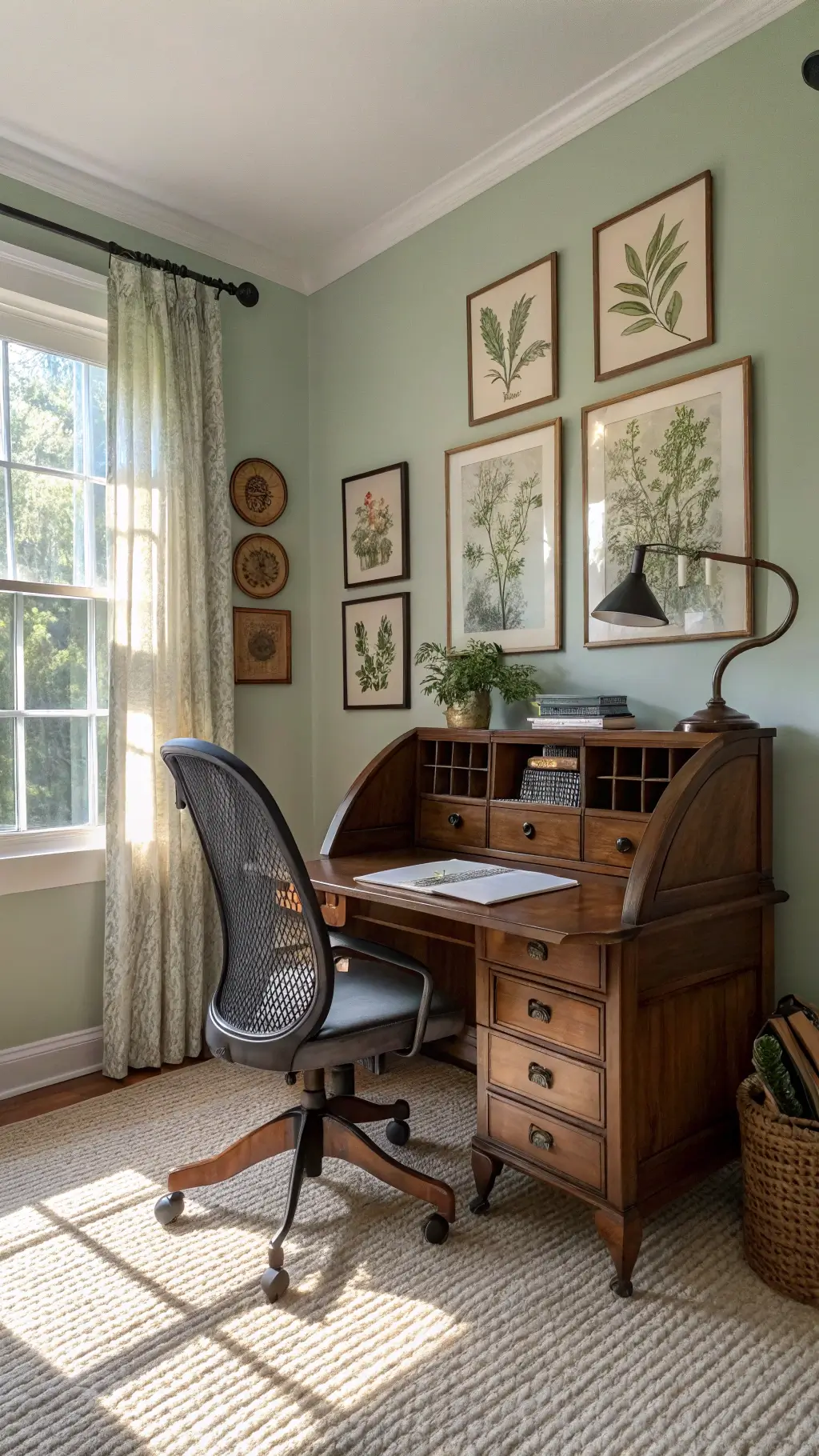 Light-filled 12x14ft home office featuring a Victorian roll-top desk, ergonomic mesh chair, vintage botanical prints on sage-colored walls, and layered carpets, with a blend of modern and antique lighting.