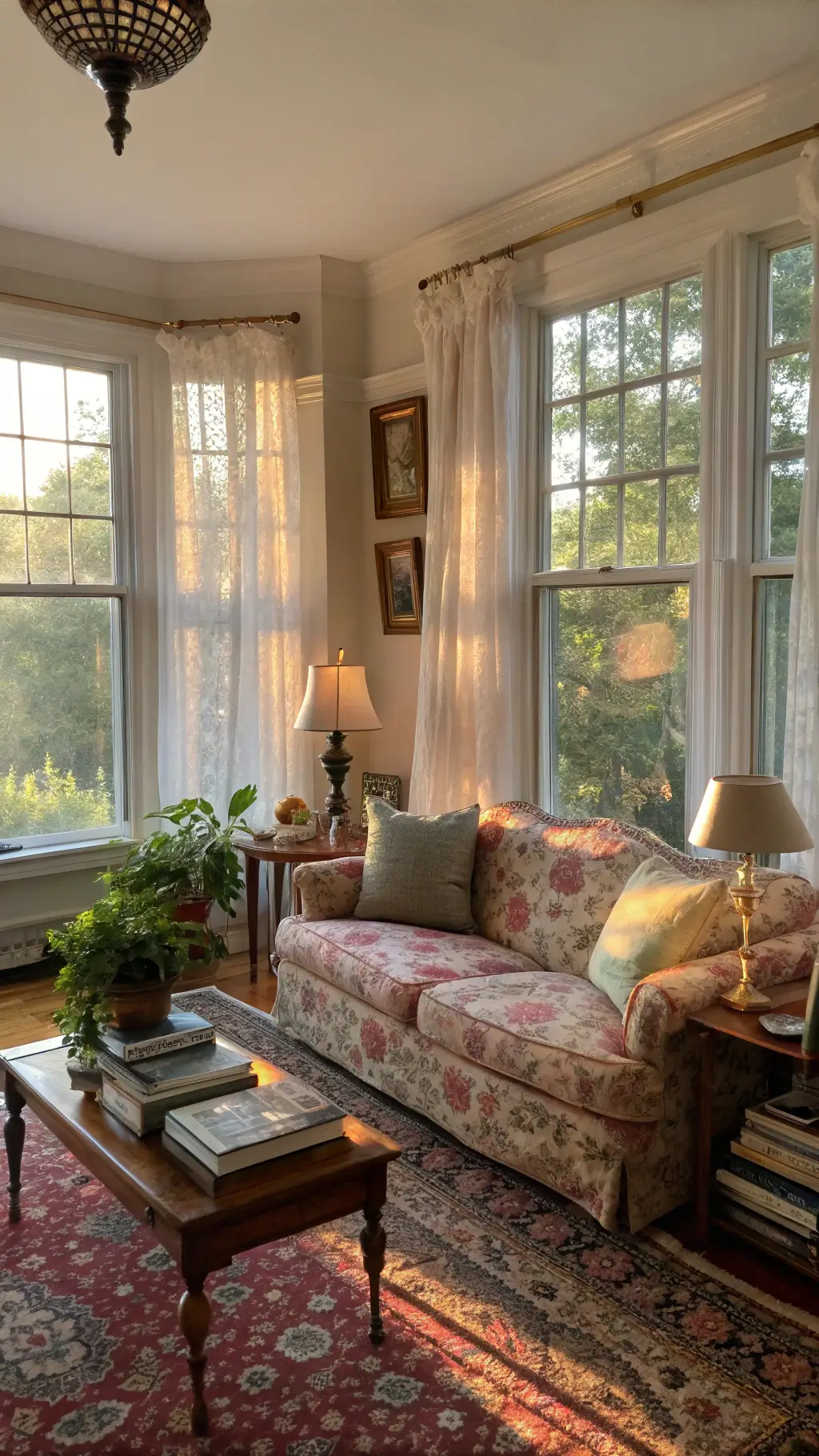 Sunlit vintage living room with floral sofa, Persian rug, mahogany table, vintage books, ceramic lamps, antique picture frames, and hanging pothos plants.