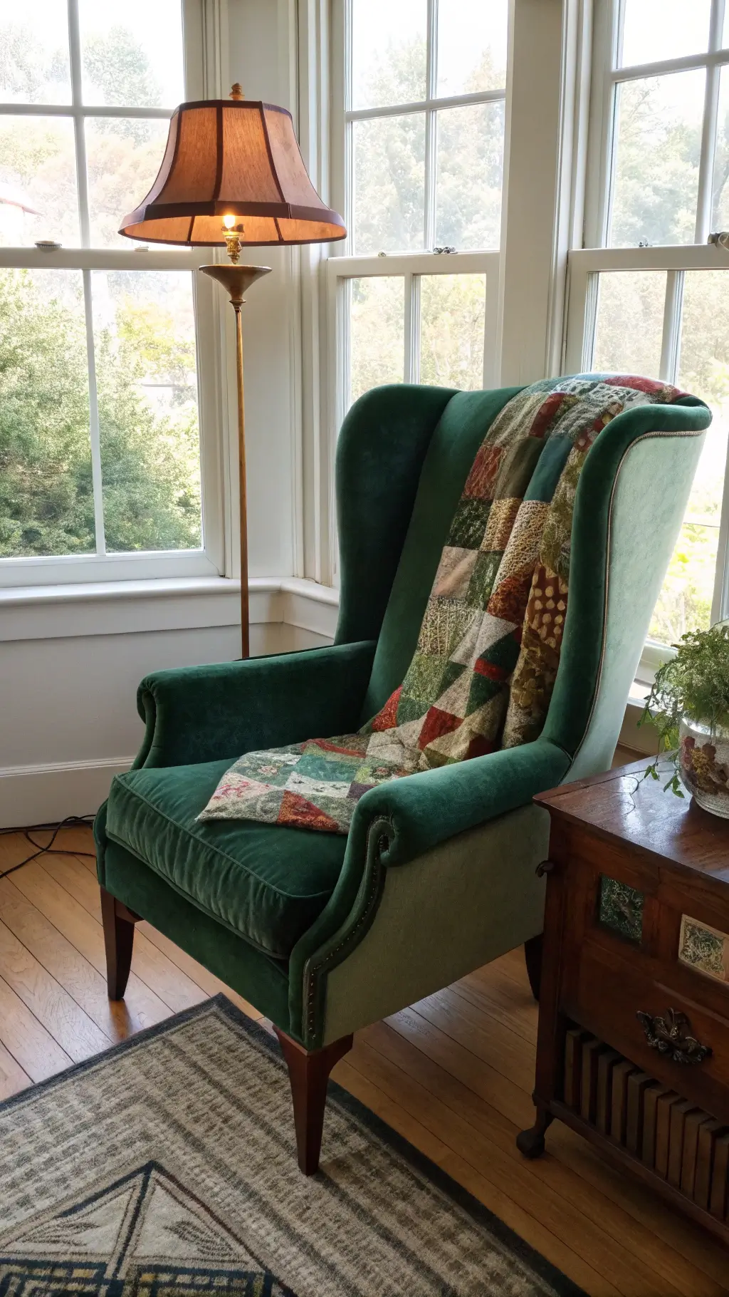 Emerald velvet Victorian chair with brass details next to a bay window, draped with a patchwork quilt, under morning light supplemented by a 1950s floor lamp, with a distressed ladder shelf holding vintage hardcovers.
