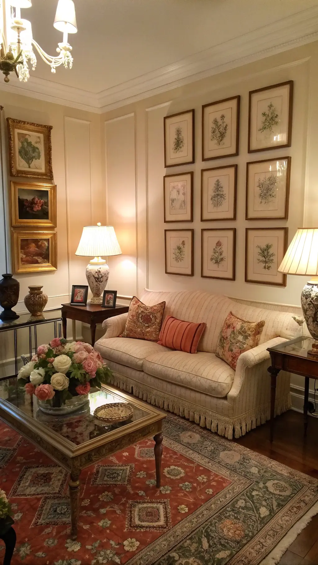 Elegant 16x16ft parlor at dusk with vintage lighting, chintz-covered settee, contemporary glass coffee table, mixed media gallery wall and rich textures of velvet, brass, crystal, and aged wood.