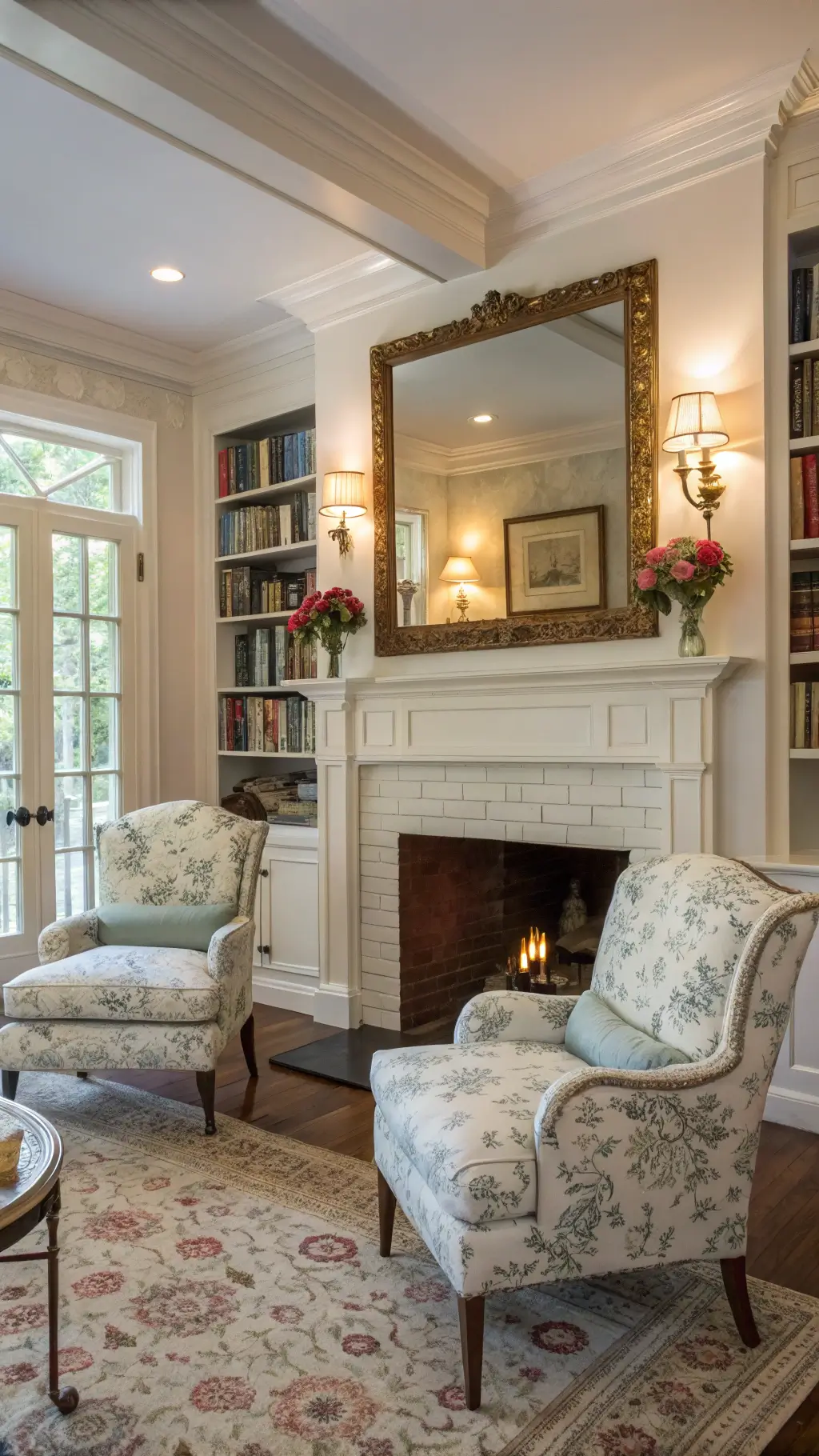 Charming sitting room with matching grandmother chairs, painted white fireplace, antique mirror, built-in bookcases, garden roses in vases, and accent lighting.