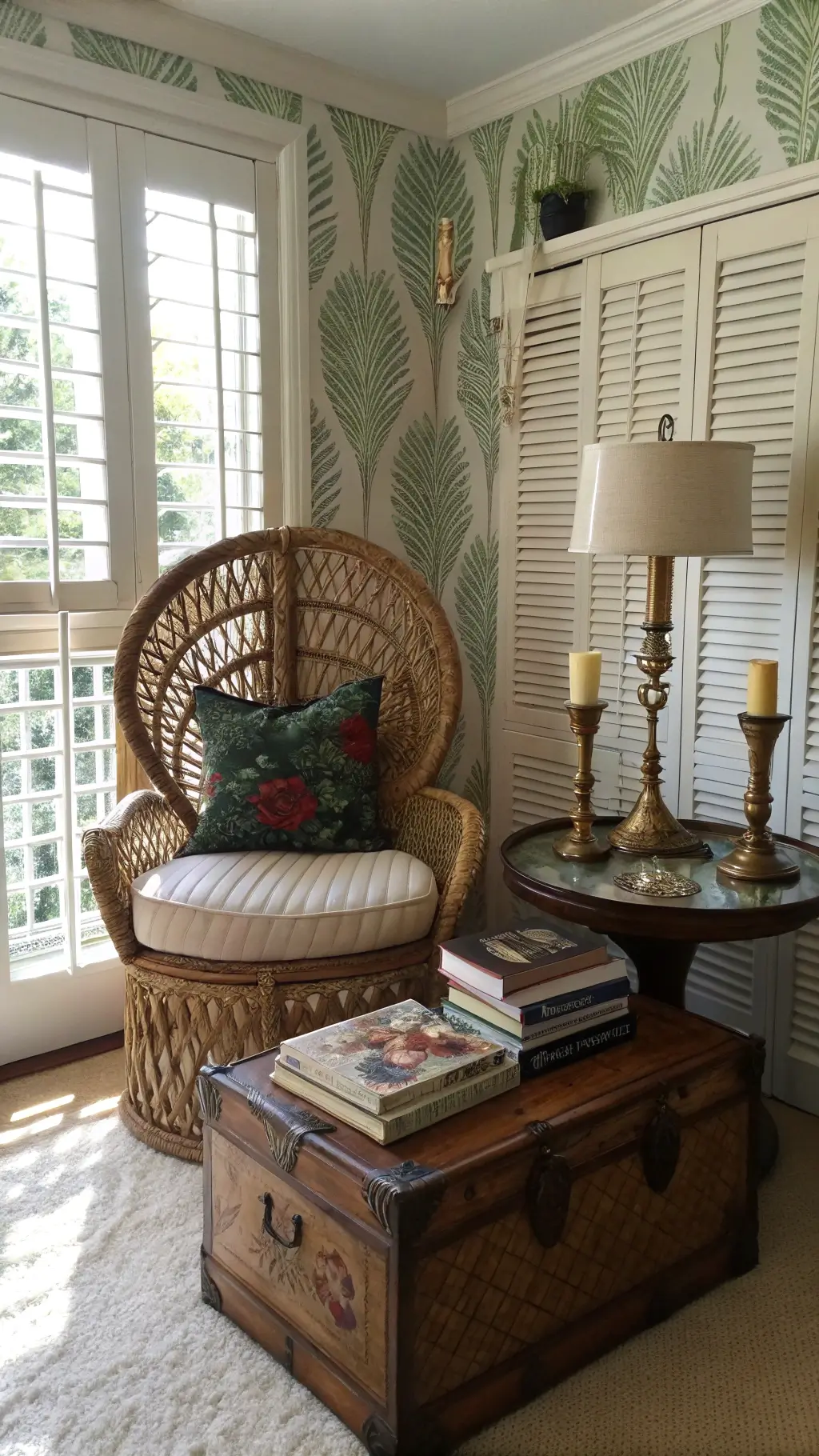 Cozy 12x12ft den with morning light through plantation shutters, bohemian-cushioned rattan peacock chair, vintage trunk coffee table, brass candlesticks, antique books, 1960s lamps, and gallery walls with framed silhouettes and miniature oil paintings.