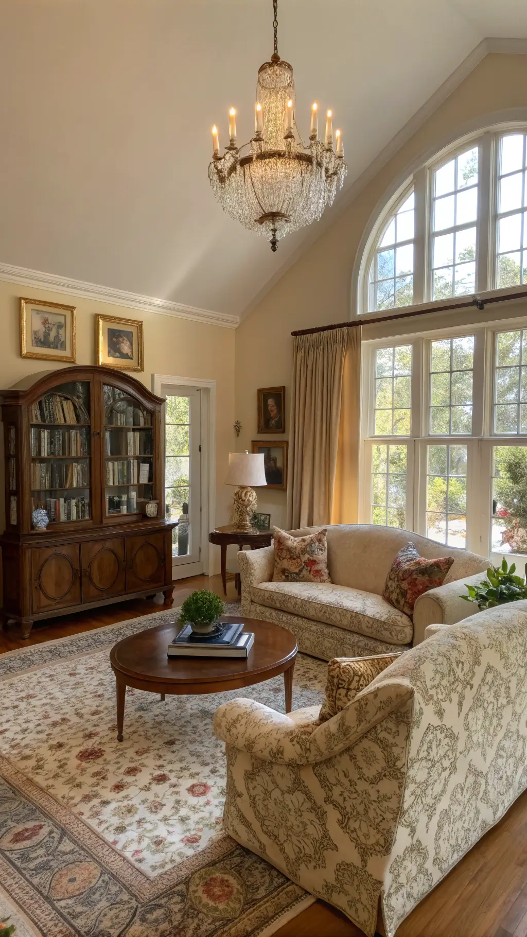 Sunlit 18x20ft great room with curved camelback sofa, mid-century coffee table, vintage Oushak rugs, repurposed antique china cabinet used as a bookshelf, a chandelier, and a potted fiddle leaf fig near leaded glass windows.