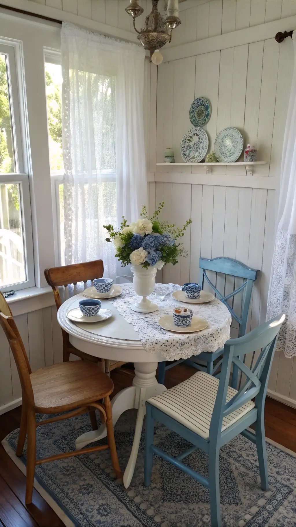 Dreamy, timeless breakfast nook with white beadboard walls, mix-matched wooden chairs, round oak table with vintage lacecloth and blue willow china teacups, exposed morning sunlight through gauzy curtains.