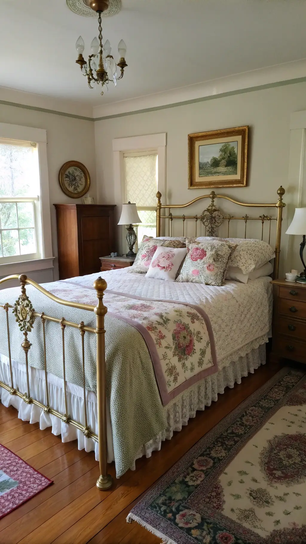 A spacious 15x18ft master bedroom with hardwood flooring, crown molding, and a brass bed adorned with vintage floral quilts in shades of lavender, sage, and cream. The room is brightened by late morning light, with a vanity displaying antique perfume bottles and brushes, captured by a wide-angle lens.