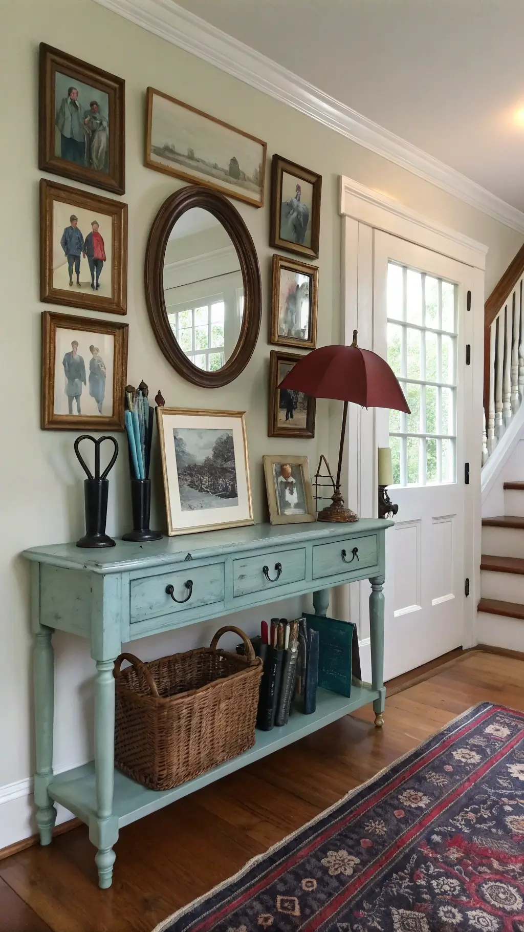 1920s charming entryway featuring a weathered console table with vintage family photos, traditional umbrella stand with walking sticks and a hand-knotted runner leading through the space, shot in soft natural light.