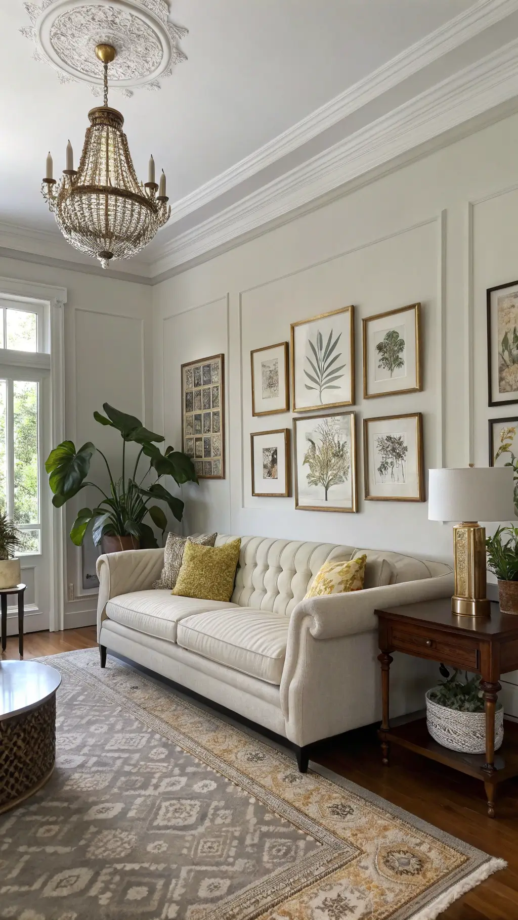 Elegant, spacious 16x18ft living room with original crown molding, mid-morning light casting dramatic shadows, cream linen sofa, mahogany side tables, gallery wall of mixed art, mustard and slate throws, crystal chandelier, antique mirrors, and a potted fiddle leaf fig viewed from a top corner.