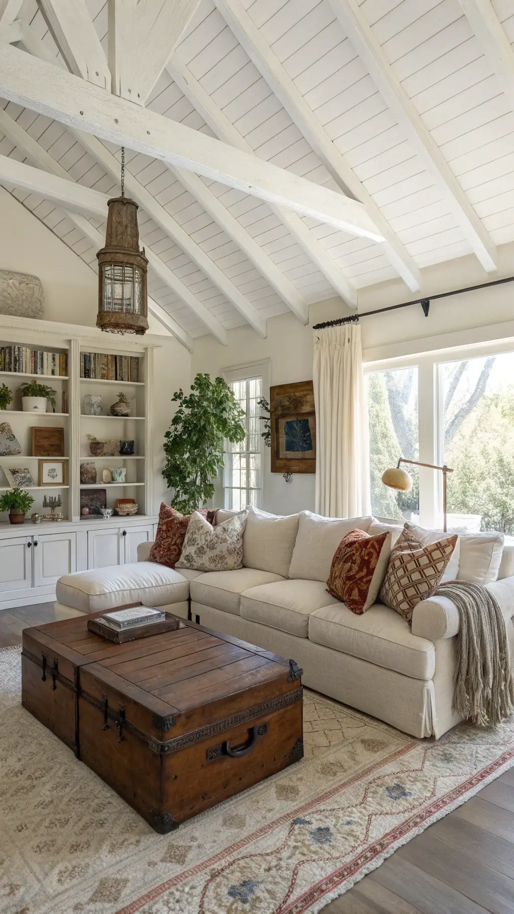 Bright and airy open-concept living space with natural linen slipcovered sectional, vintage needlepoint pillows, distressed leather ottoman, antique trunk coffee table, macramé wall hanging, brass pharmacy lamp, and collected ceramics on floating shelves in early morning light.