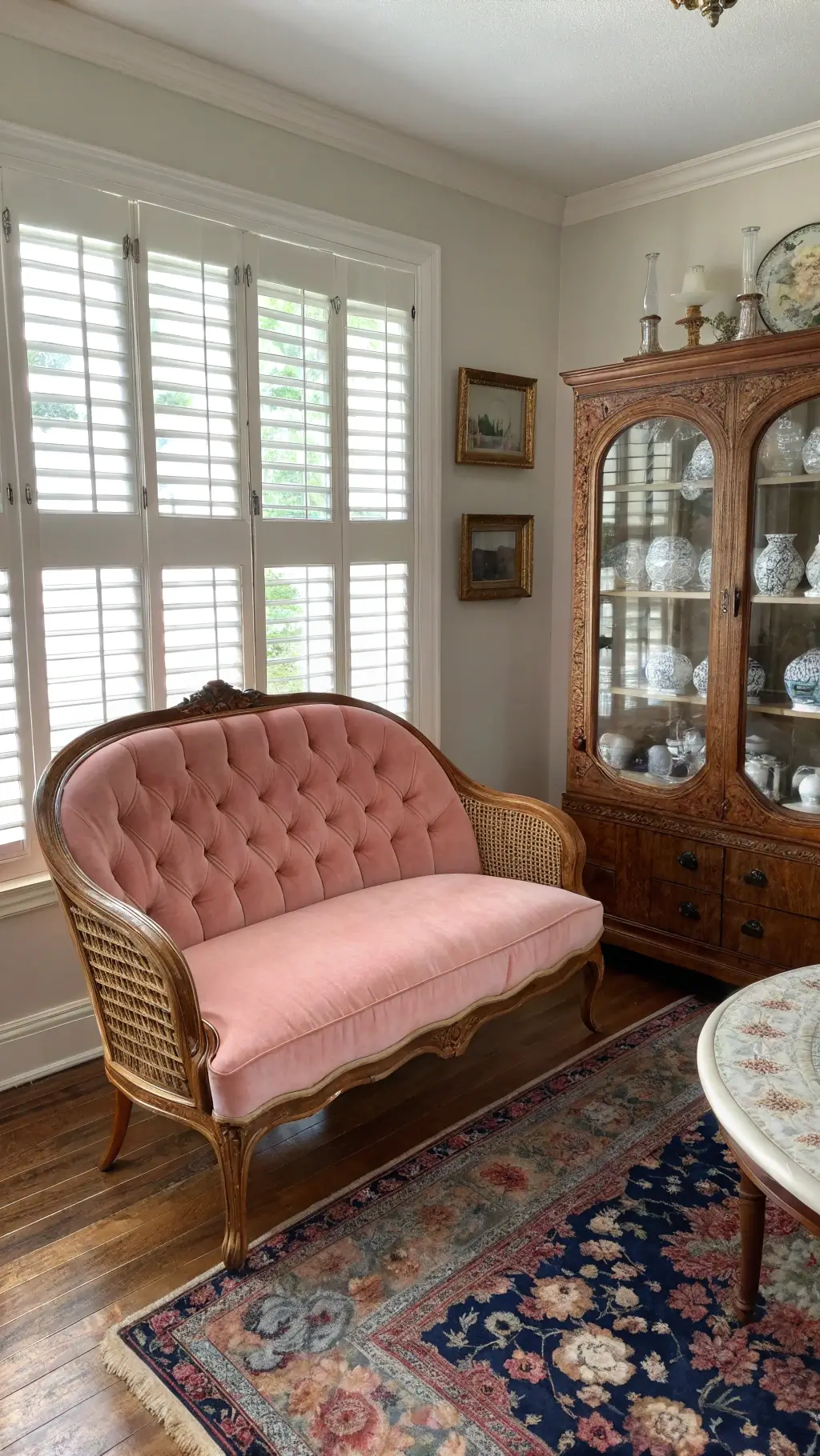 Late morning glow illuminating a 12x14ft parlor with original hardwood floors, blush pink velvet settee, rattan peacock chair, vintage carpet, and china cabinet filled with teacups and crystal decanters.