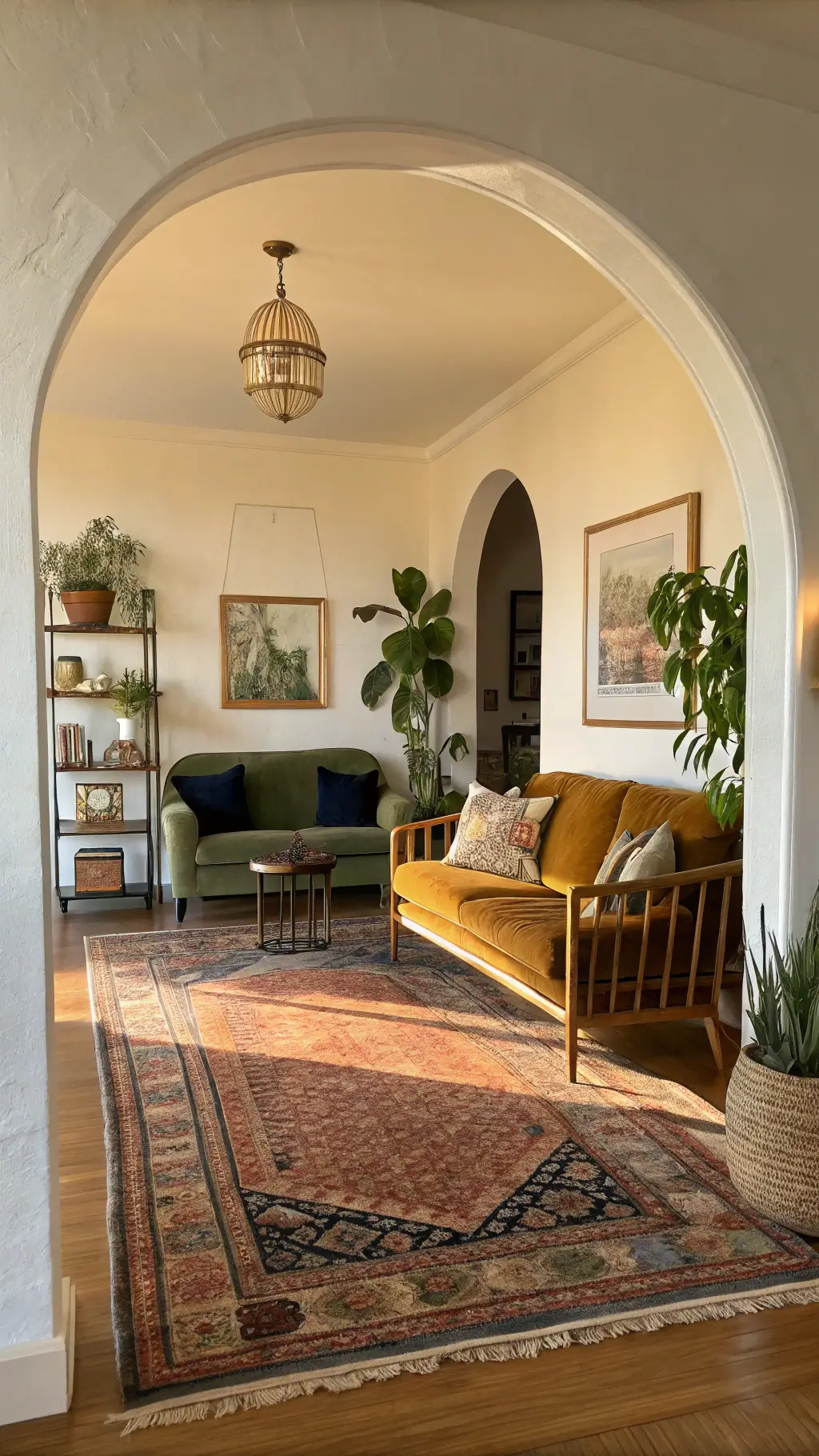 Golden hour lit, eclectic 13x15ft living room with sage velvet roll-arm sofa, bamboo chairs, oriental rugs, and brass étagère with treasures, viewed through an archway entrance.