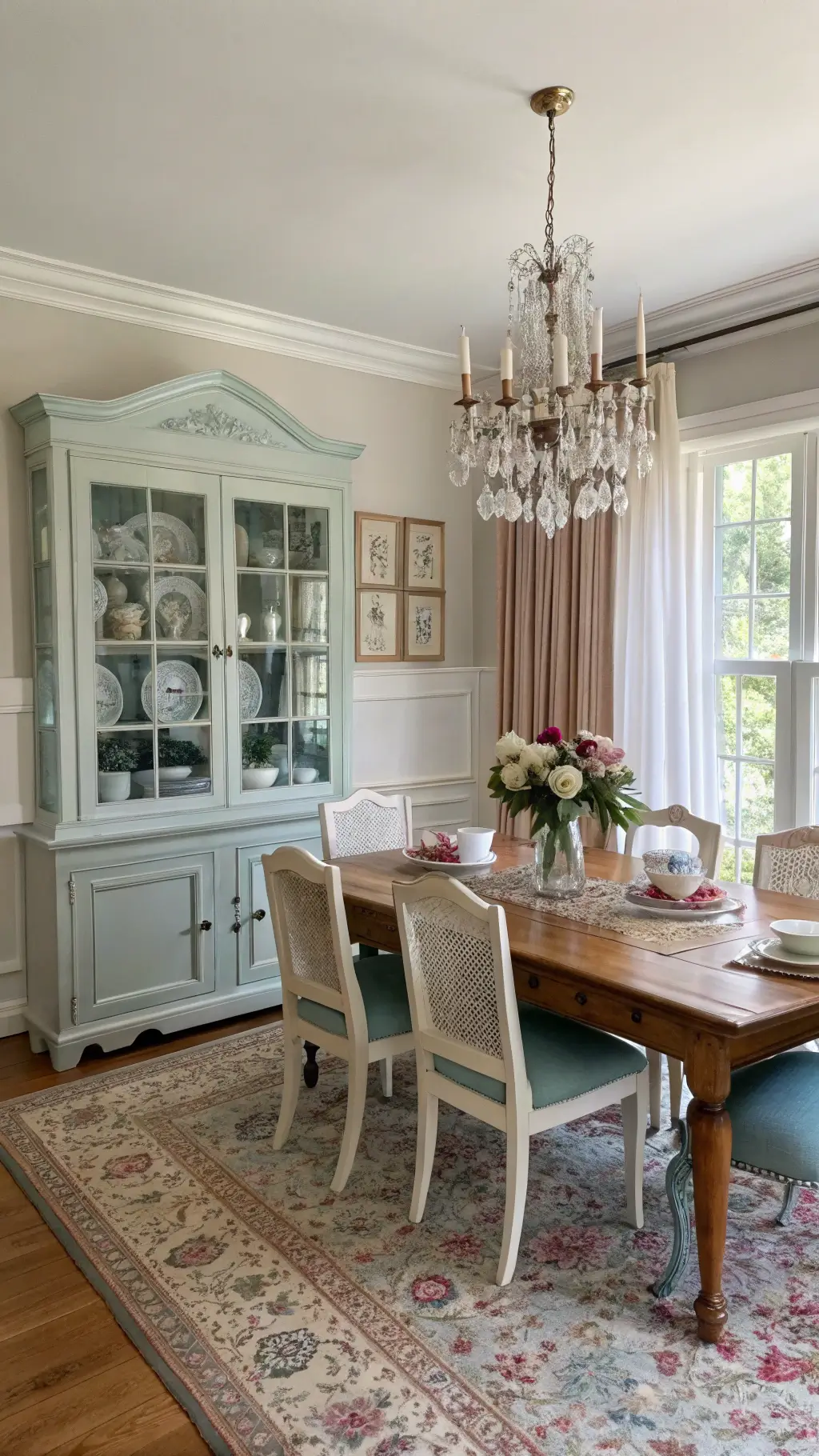 Vintage pastel dining room with antique oak table, mix-matched chairs, china cabinet and crystal chandelier, highlighted place settings and textural details.