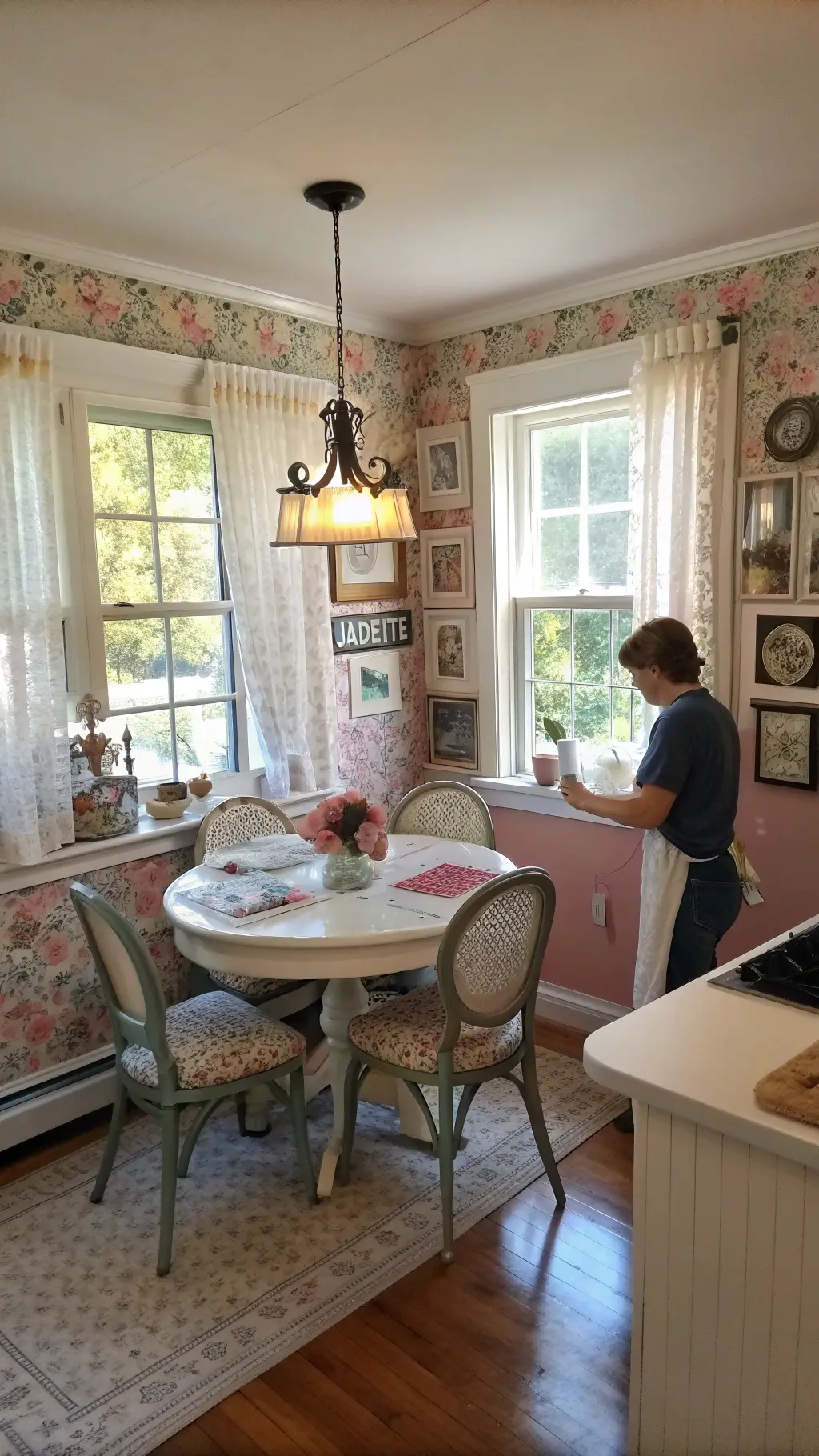 Above shot of a vintage styled kitchen with pink walls and floral wallpaper, a round table surrounded by mismatched chairs, jadeite dishes, and framed family recipe cards, lit by natural morning light from large windows draped with white café curtains.