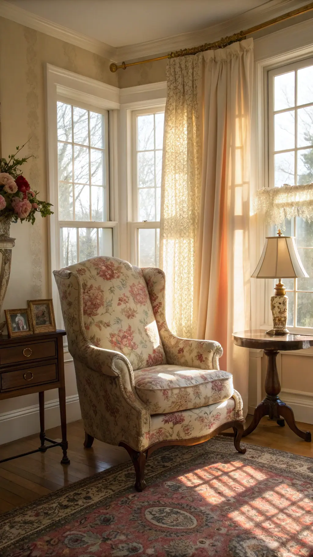 Vintage-style living room corner with afternoont light coming through lace-curtained bay windows, featuring an aged floral-print wingback chair, a mahogany side table, a handmade quilt in rose and cream, Persian rugs in soft colors, and brass picture frames holding sepia family photos on wallpapered walls.