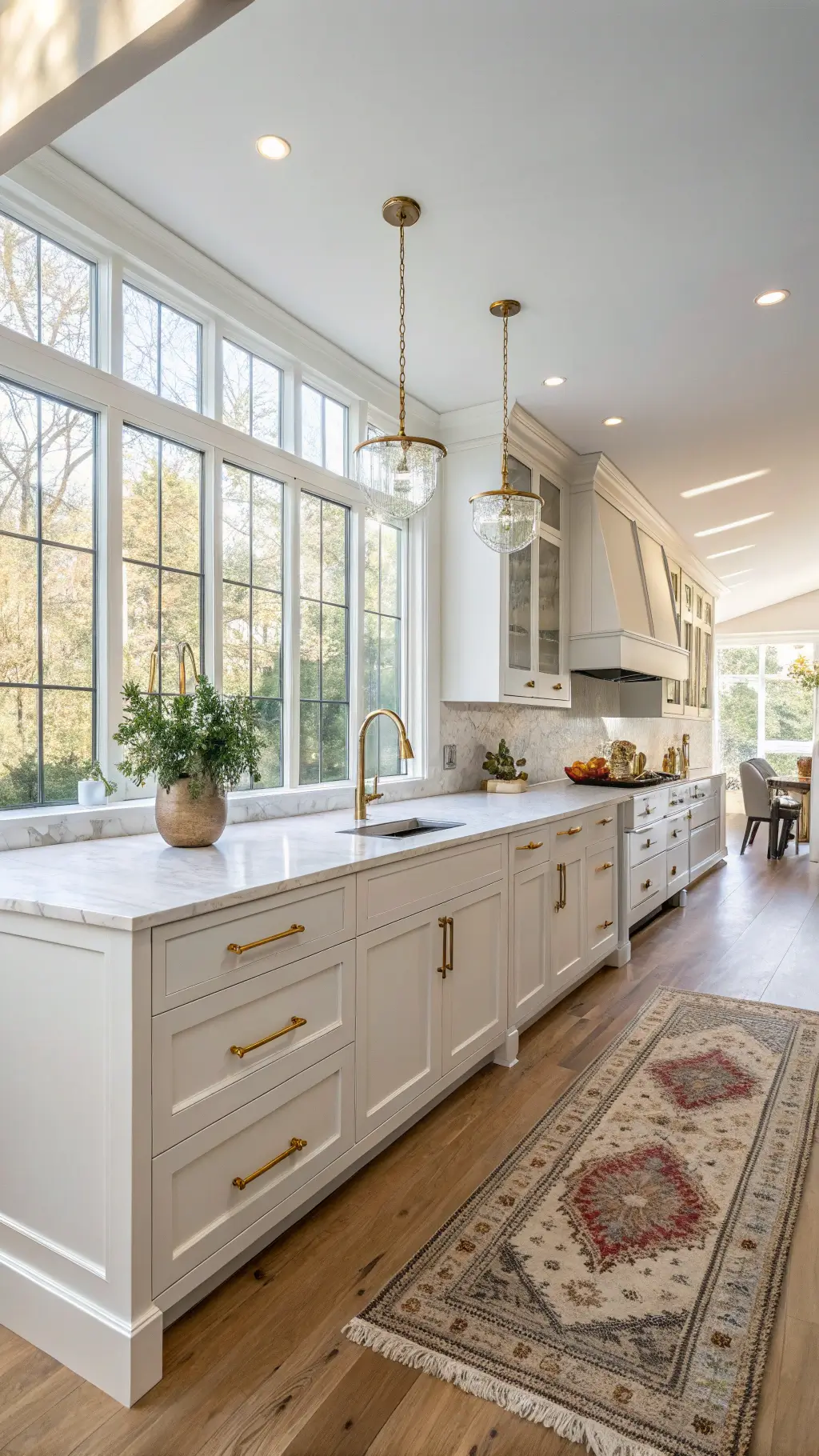 Contemporary 12x15ft kitchen with white Shaker-style cabinets, marble-veined quartz countertop, greige island, Persian runner on white oak flooring, and details highlighted by morning light.
