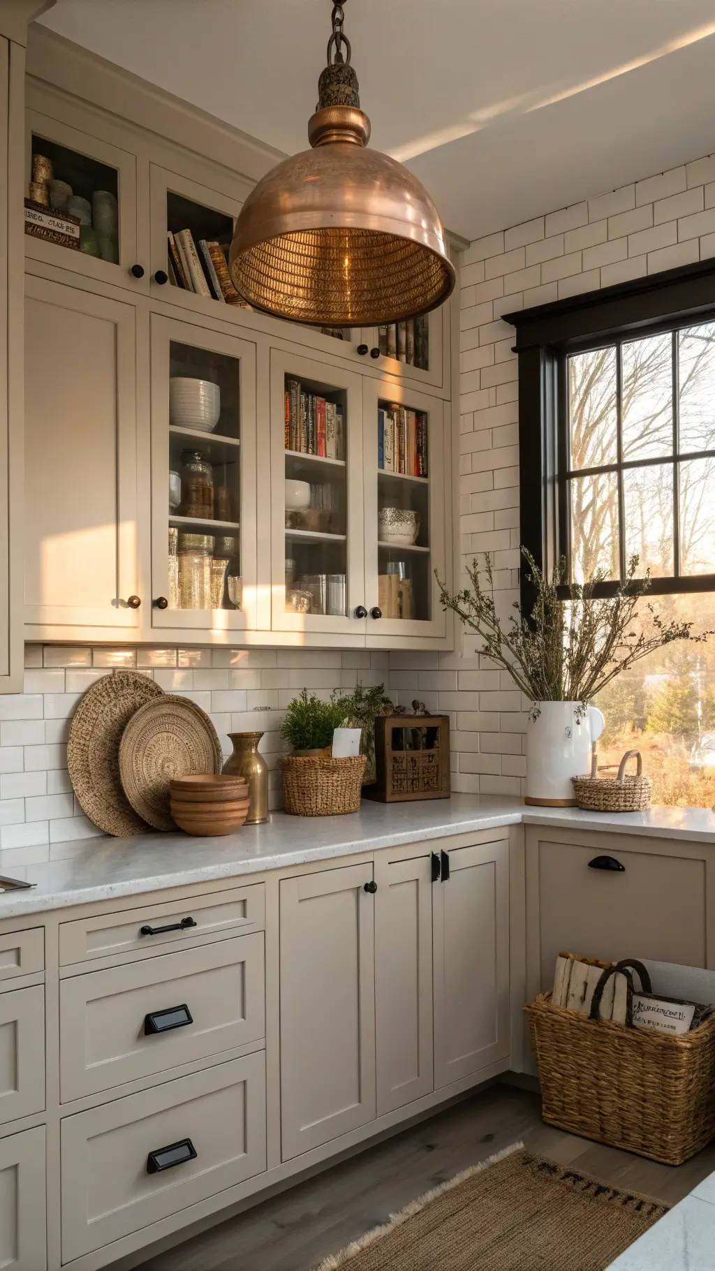 Intimate kitchen corner with taupe shaker cabinets, copper pendant light, vintage cookbooks and olive branch arrangement during golden hour.