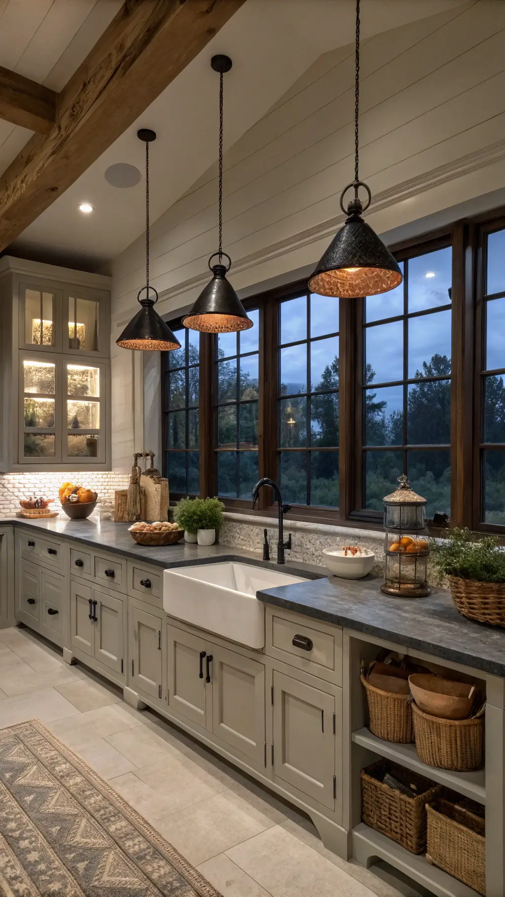 Modern farmhouse kitchen at dusk featuring light gray cabinets, a large farmhouse sink, granite countertops, black iron pendants over a whitewashed oak island, vintage copper pots, woven baskets, white ceramics, exposed wooden beams, and styled with fresh market produce under the blue hour light.