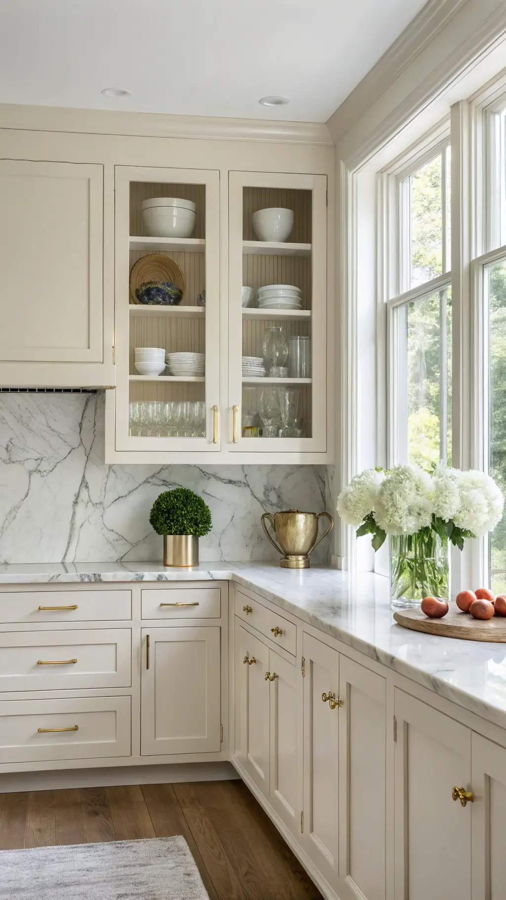 Bright corner kitchen nook with cream cabinets, marble backsplash, open shelving with white pottery, and fresh hydrangeas under natural and soft fill light