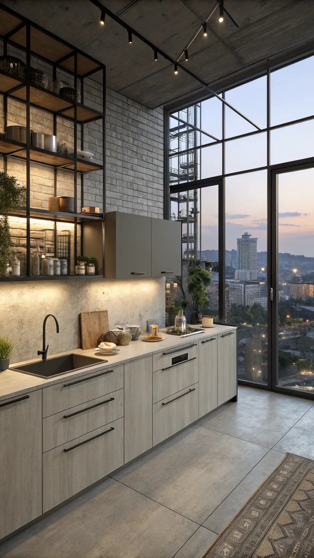 Modern urban loft kitchen with sleek greige cabinets, blackened steel open shelves, industrial windows, concrete countertops, styled with ceramics, cookware, and plants during twilight with mixed lighting and a city view