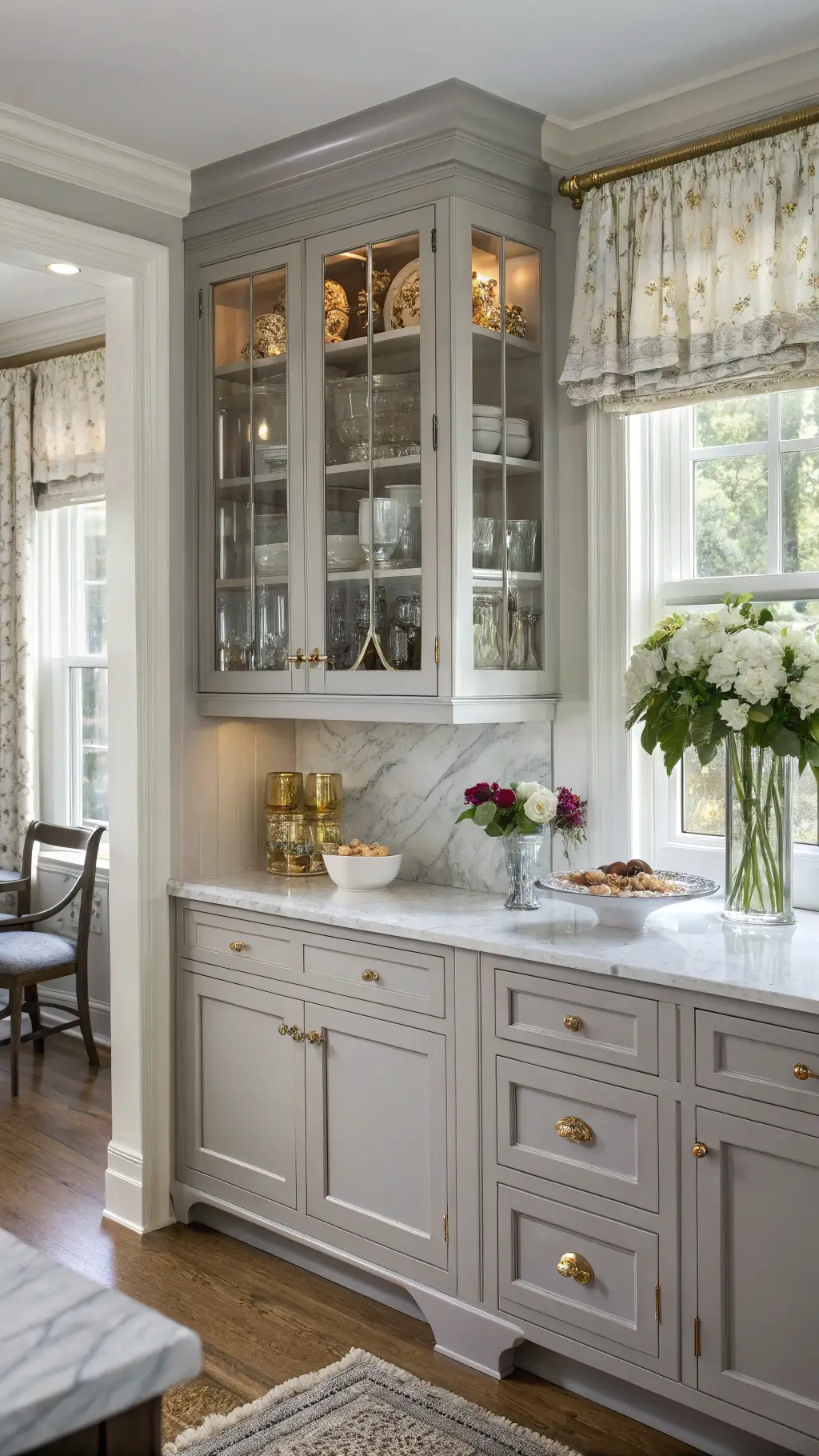 Elegant transitional kitchen with soft gray cabinets, Carrara marble surfaces, and a mix of polished nickel, aged brass, and pewter details; natural morning light softly filtered through linen curtains highlights curated items in glass-front upper cabinets, fresh flowers and vintage silverware.
