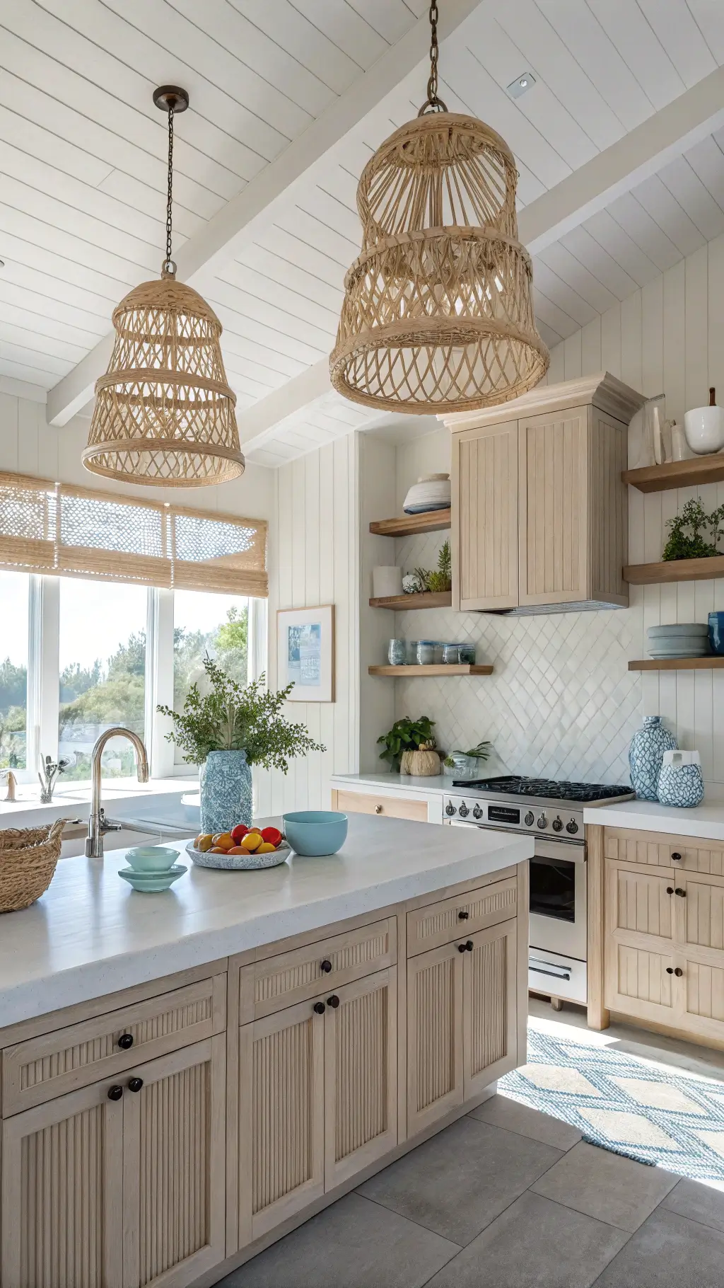 Coastal-inspired kitchen with sand-colored cabinets, white quartz countertops, woven pendant lights, and beach-themed decorations illuminated by diffused sunlight creating an airy atmosphere.