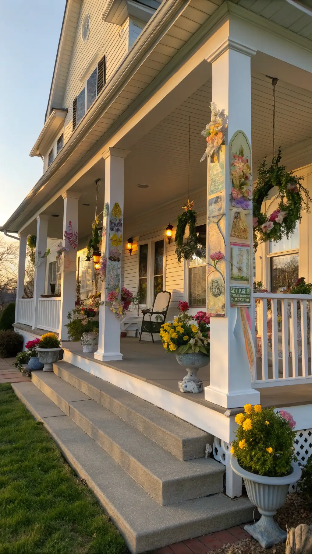 Vintage-inspired Easter decorations on wraparound porch during golden hour, featuring large plywood cutouts, handcrafted egg wreaths with silk flowers, and live spring flower arrangements on steps.