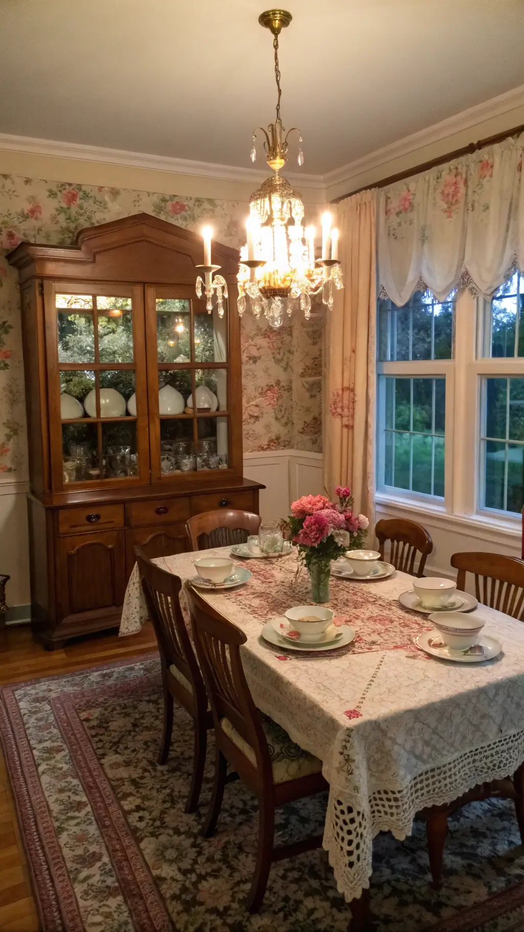 Dusk view of a 12x14ft dining room with warm chandelier light reflecting on a cherry wood table, Depression glass inside a hutch, set bone china tea set, floral curtains with garden view, and tablescape with brass candlesticks and fresh flowers.