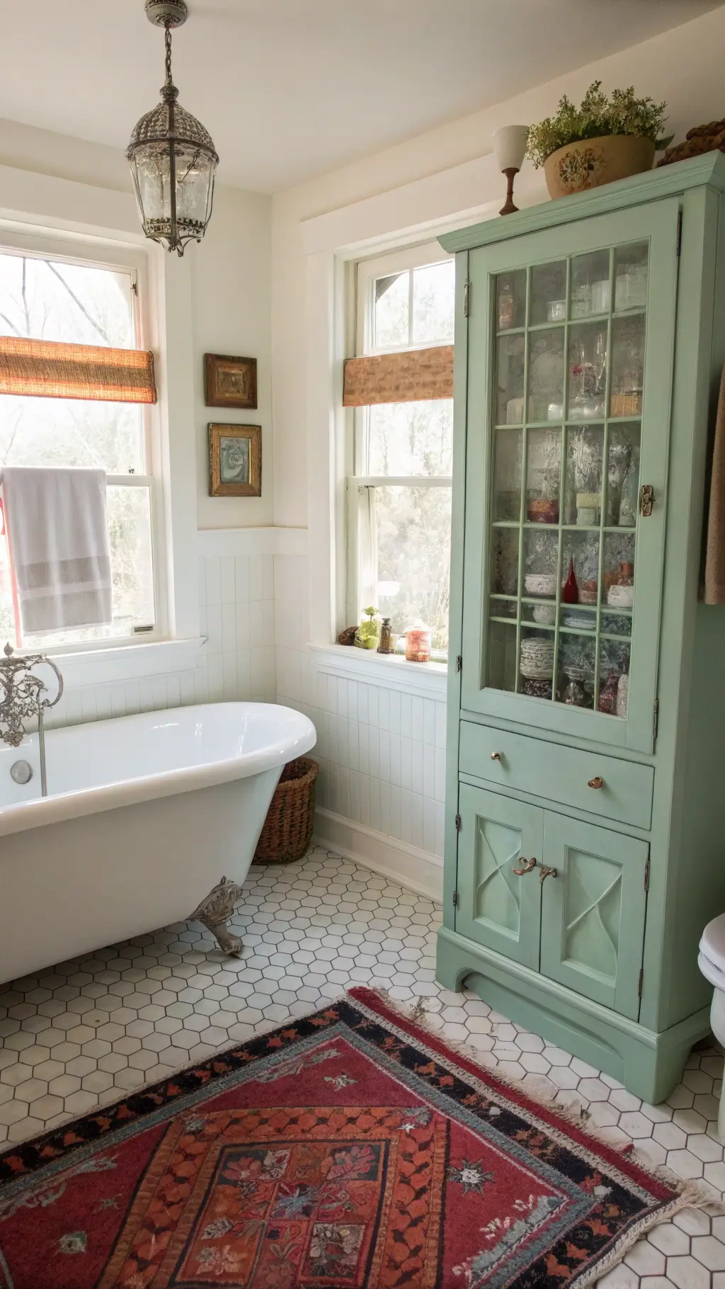 Vintage bathroom featuring original clawfoot tub, antique perfume bottle collection in a distressed mint green apothecary cabinet, Turkish kilim rug on hexagonal floor tiles, and feminine details such as embroidered hand towels and crystal accessories, with morning light filtering through a frosted glass window.