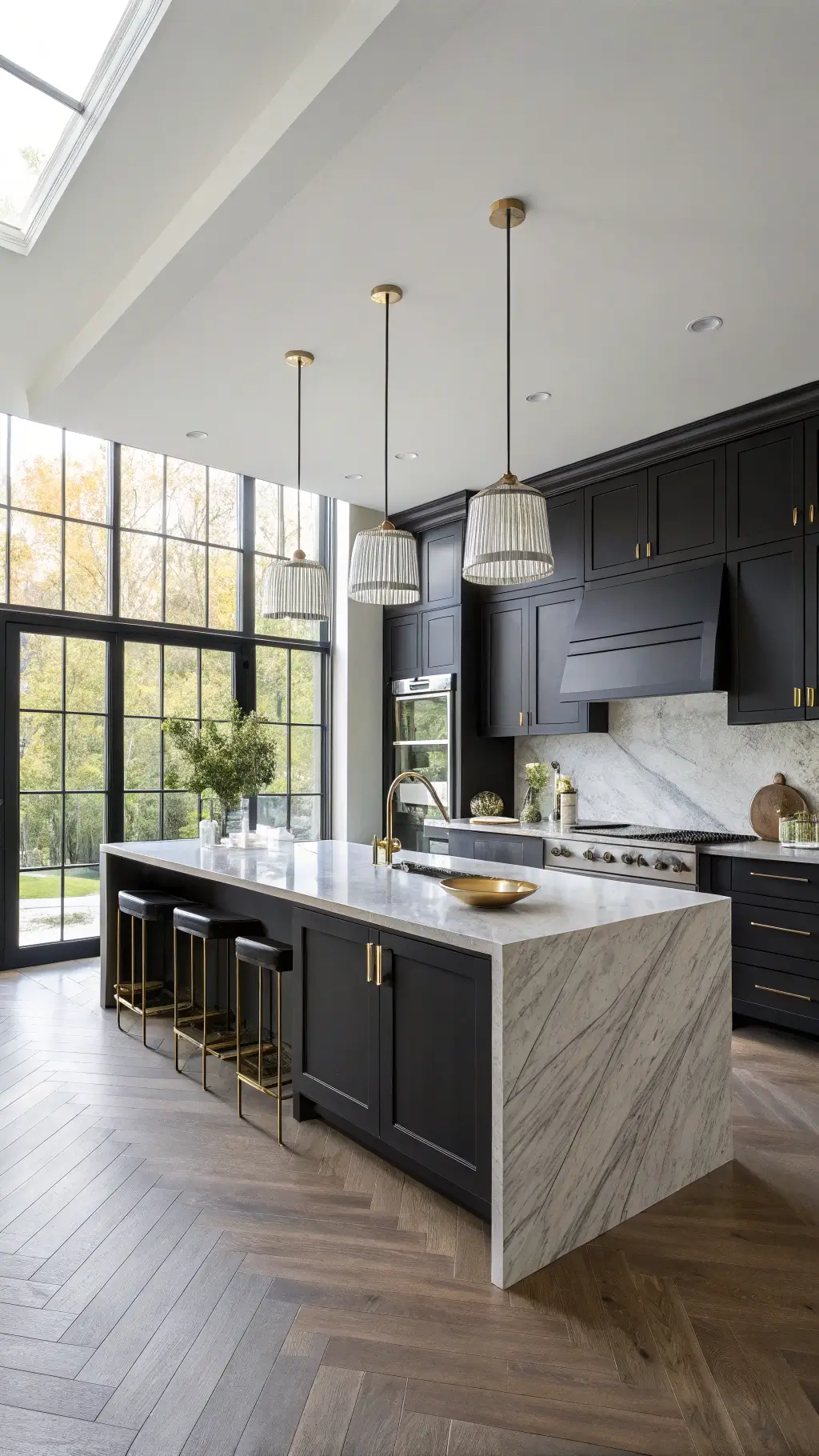 Modern black kitchen with Carrara marble island, bathed in morning sunlight, featuring a minimalist aesthetic with a single white ceramic vase holding eucalyptus.