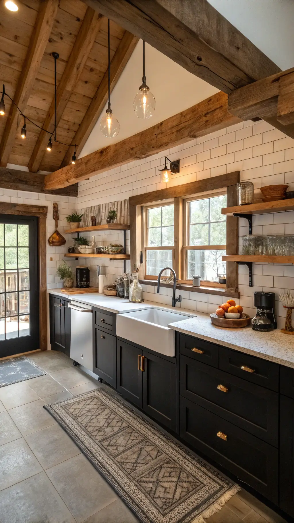 Rustic farmhouse-industrial kitchen with black shaker cabinets, butcher block counters, white subway tile backsplash, and corner coffee station styled with vintage enamelware collection in a late afternoon natural light.
