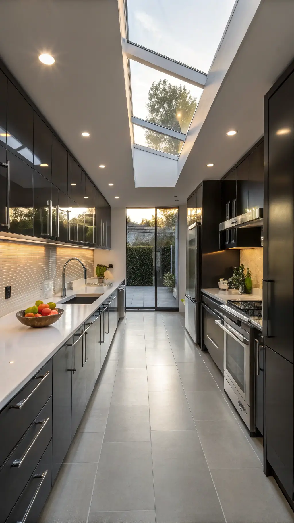 Contemporary galley kitchen with high-gloss black cabinets, stainless steel appliances, grey porcelain floors, and white quartz countertops, lit by golden-hour light through skylights; showcasing urban sophistication through a minimalistic styling with a geometric fruit bowl.