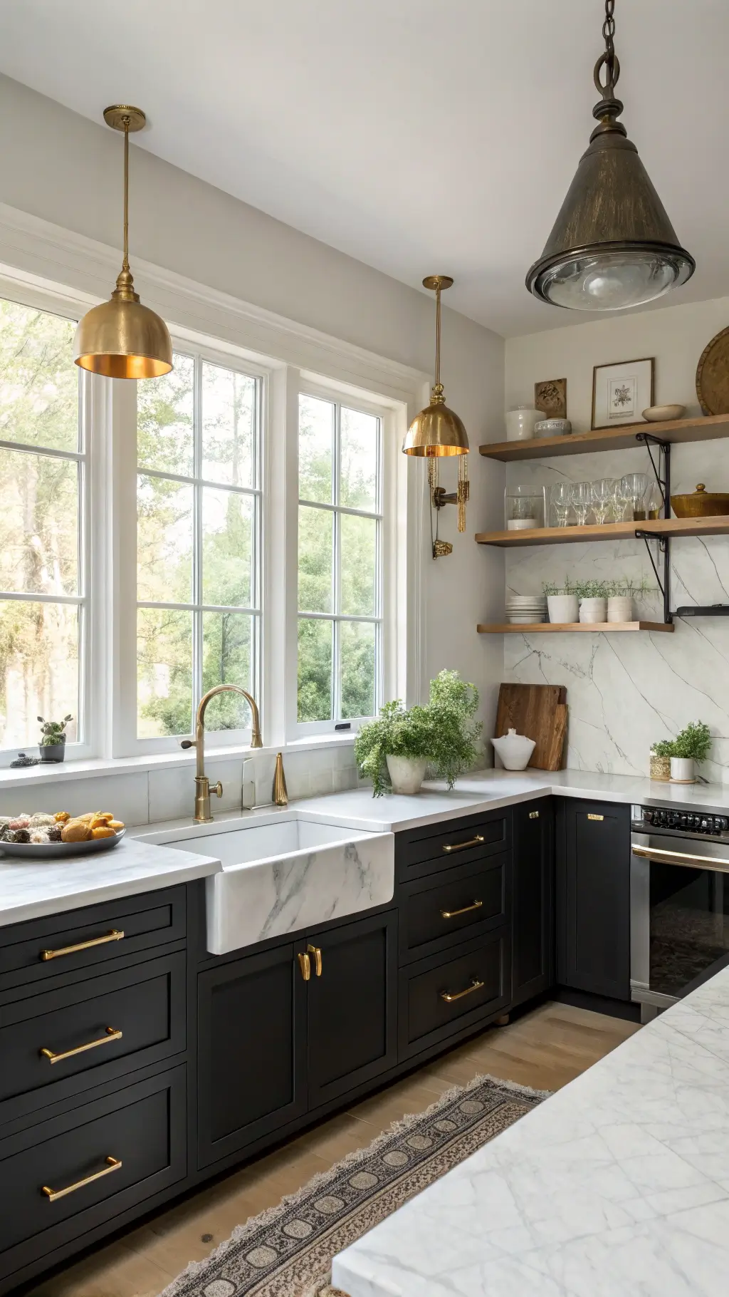 Refined transitional L-shaped kitchen in midday light featuring black slab-front cabinets, Calacatta gold marble backsplash and counters, brass pendant lights, and white oak shelves displaying ceramics, styled with fresh herbs and artisanal cookware.