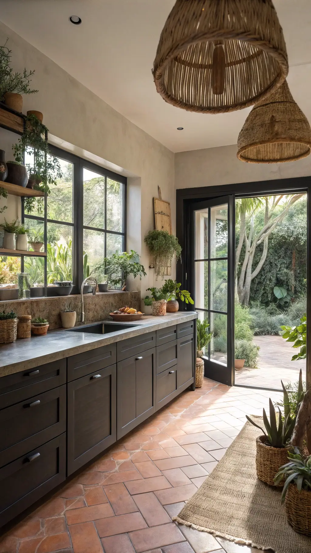 Modern bohemian kitchen bathed in soft morning light featuring garden views, black flat-panel cabinets with leather pull handles, concrete countertops, rattan pendant lights, and terracotta floor tiles, styled with hanging plants and wooden cutting boards.