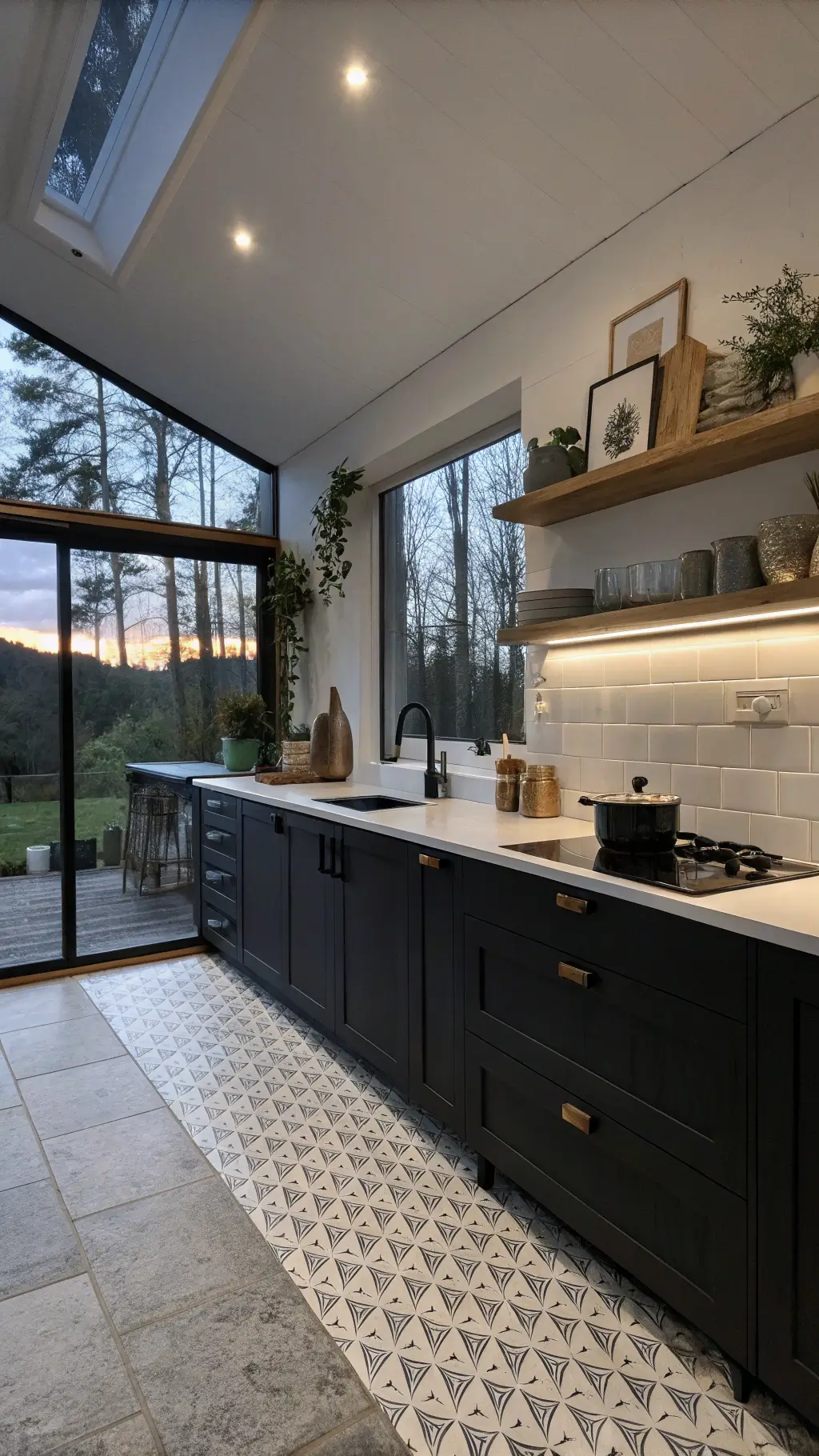 Scandinavian-style kitchen at dusk featuring black wood cabinets, white oak countertops, open shelving, matte black fixtures, and a geometric cement tile floor, styled with black stoneware and linen textiles in a 11x14ft space with clerestory windows emphasizing vertical lines.