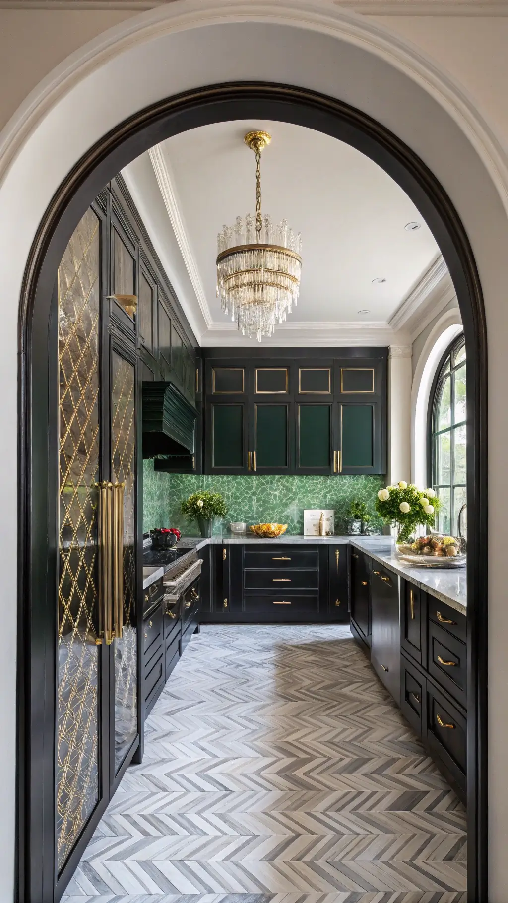 Art Deco revival kitchen with black lacquered cabinets, verde emerald marble counters, herringbone marble floors, and brass chandelier, styled with vintage barware and fresh flowers in afternoon light