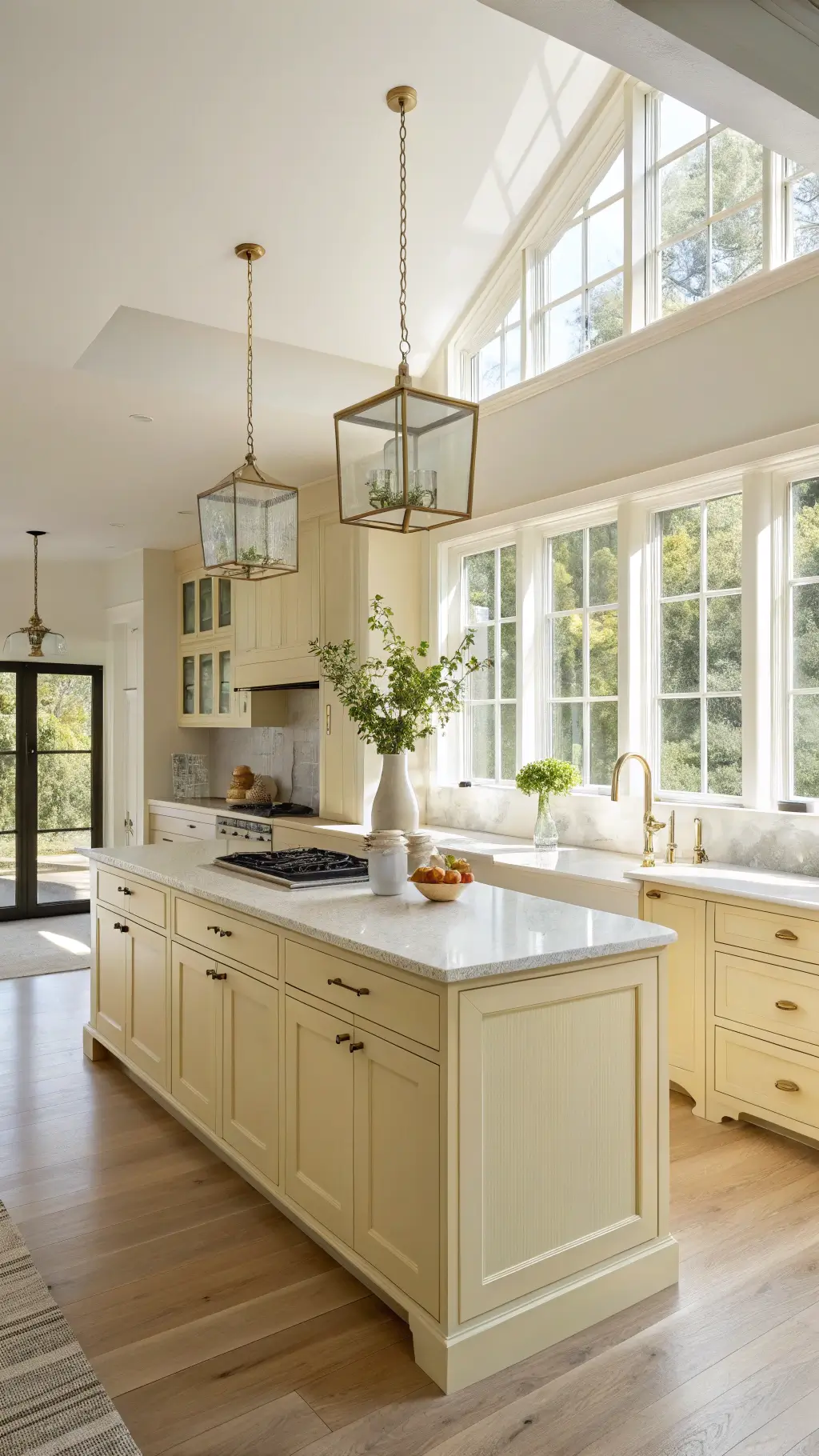 Bright and airy modern kitchen with high ceilings, butter yellow Shaker-style cabinets, white quartz countertops, brass fixtures, center island, and white oak flooring, bathed in morning sunlight.