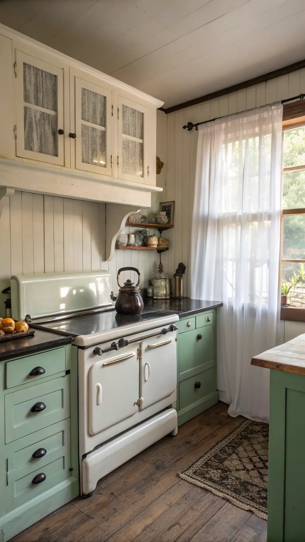 Early morning light illuminating a vintage 12x12ft kitchen with shaker-style maple cabinets, sage green upper cabinets and a cast iron stove with enamel kettle