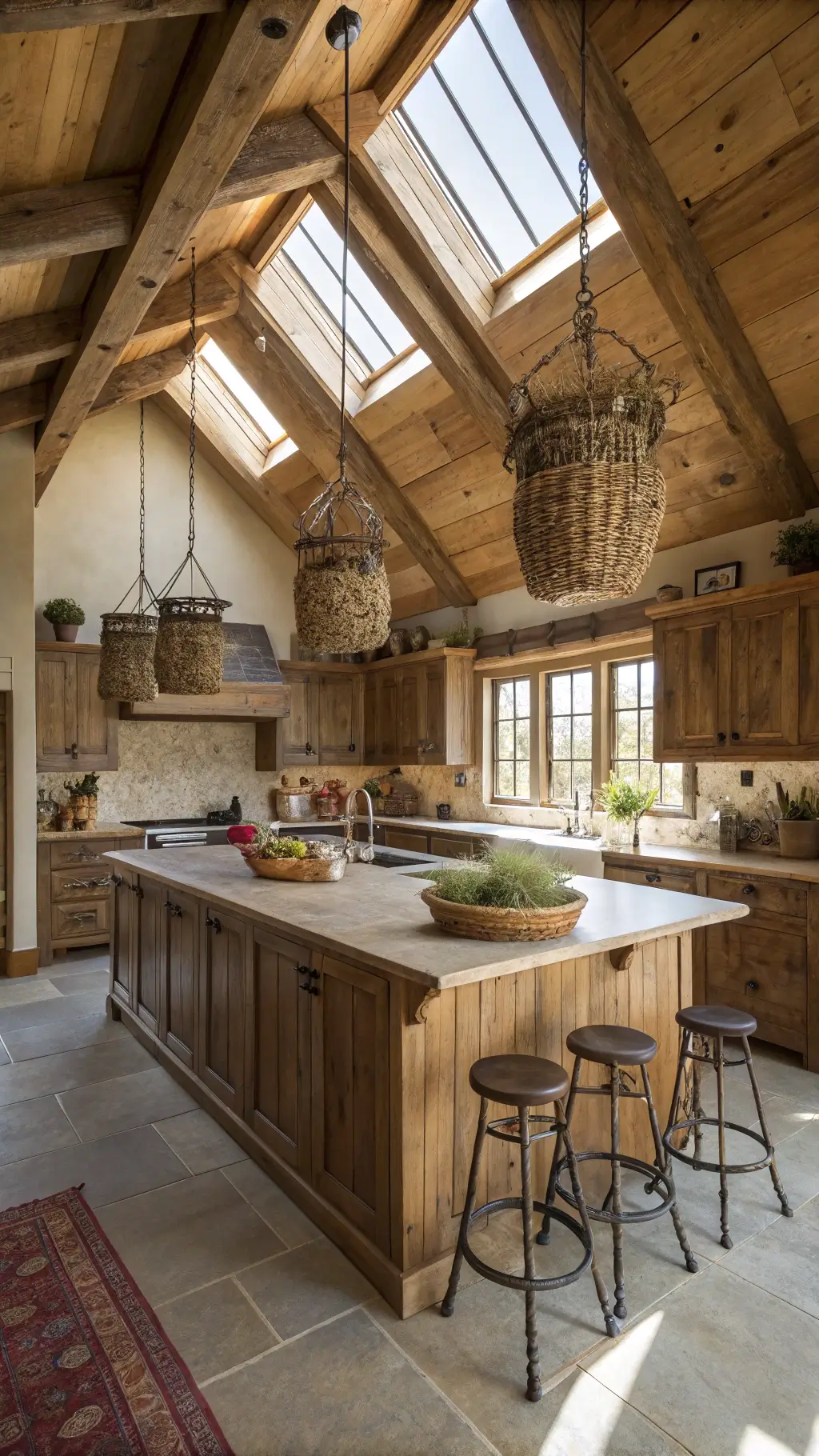 L-shaped kitchen with vaulted ceiling, exposed wooden beams, reclaimed oak cabinets, butcher block island and vintage bar stools illuminated by natural light from skylights