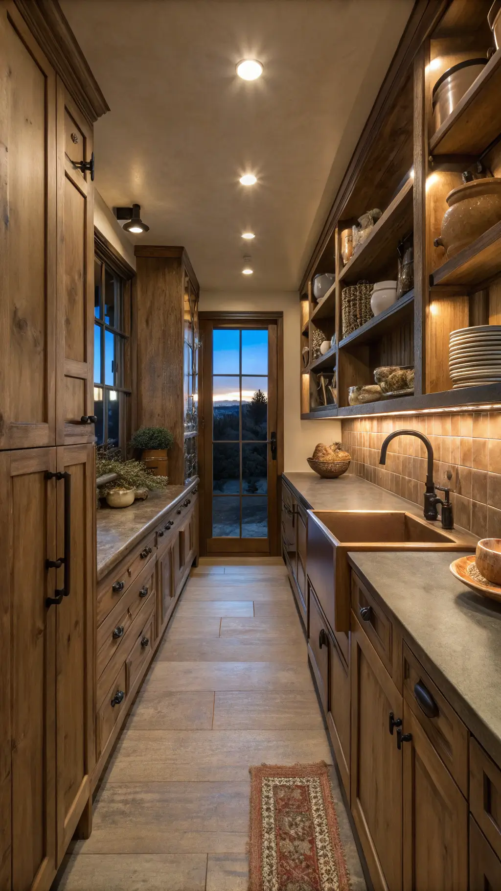 Rustic, cozy 10x12ft galley kitchen with floor-to-ceiling alder cabinets, open shelving displaying earthenware, shiplap walls, copper sink, dark bronze hardware under dusk lighting.