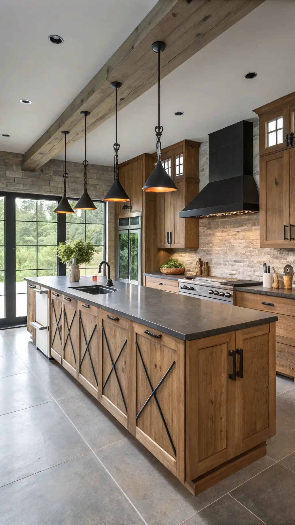 Modern-rustic kitchen with quarter-sawn oak cabinets and black steel details, concrete countertops, and industrial pendant lights, bathed in morning light