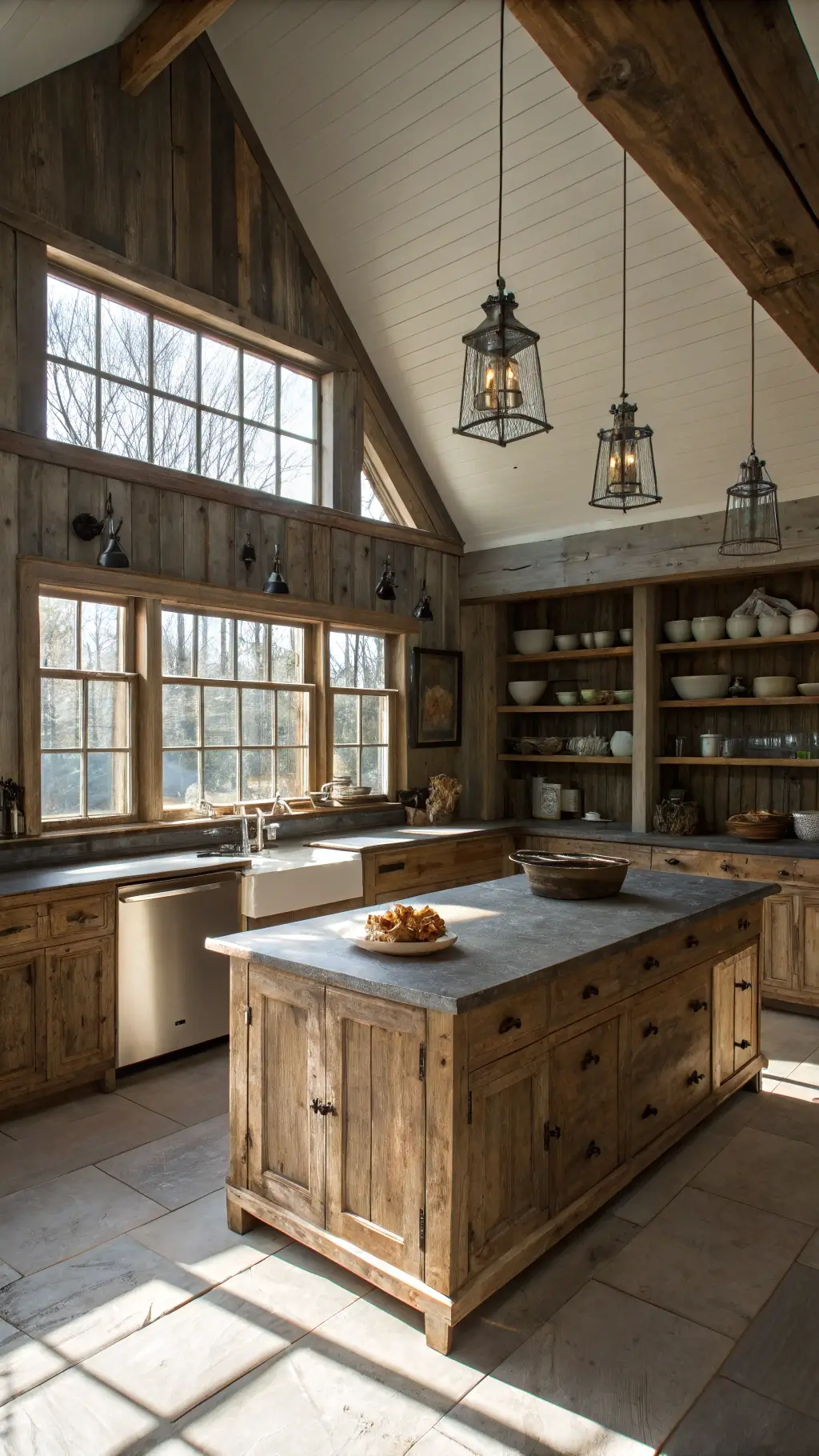 Vintage farmhouse kitchen with cathedral ceiling, weathered barn wood cabinets, zinc countertop on central island, displayed enamelware on open shelving, with dramatic afternoon shadows and multi-layered lighting.