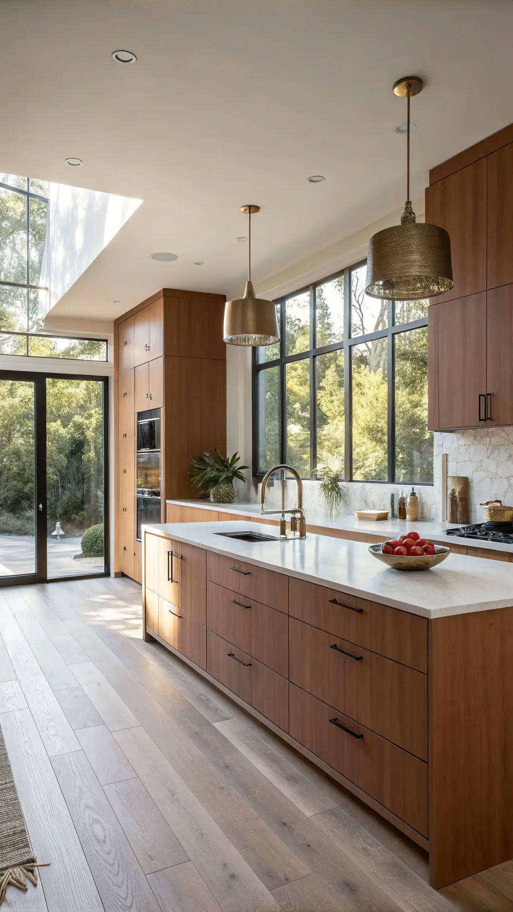 Modern kitchen at golden hour with floor-to-ceiling terracotta cabinets, white oak flooring, a white quartz island, brass pendant lights, and matte black hardware, styled with copper cookware, fresh herbs, and natural linen textiles.
