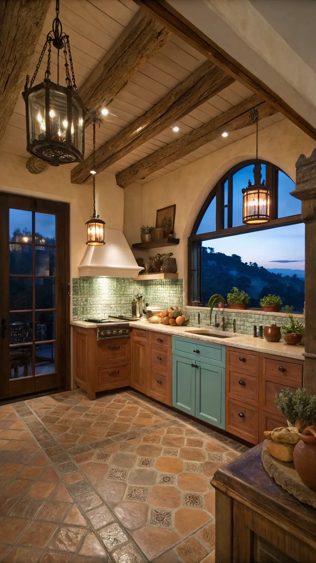 Mediterranean-inspired kitchen with terracotta and cream cabinets, green ceramic tile backsplash, copper fixtures, wooden beams on the ceiling, and limestone flooring, styled with vintage pots and olive branches during blue hour.