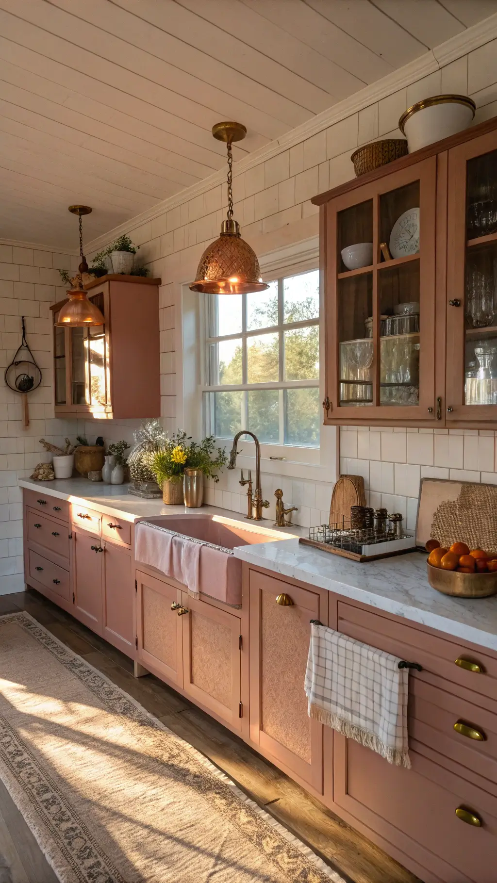 Cozy farmhouse kitchen with dusty rose terracotta cabinets, shiplap walls, vintage brass hardware, butcher block countertops, pendant lights with an aged copper finish, styled with vintage enamelware, fresh wildflowers, and textured linen tea towels, illuminated by the glow of sunset.