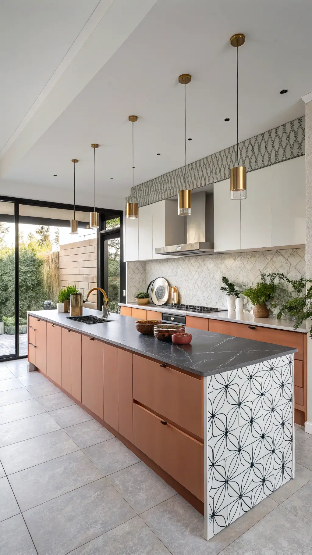 Modern, spacious 14x16ft kitchen illuminated by midday light, featuring two-toned terracotta and white cabinets, black granite countertops, grey and white tile backsplash, brushed gold pendant lights, and styled with ceramics, plants, and metallic accessories.