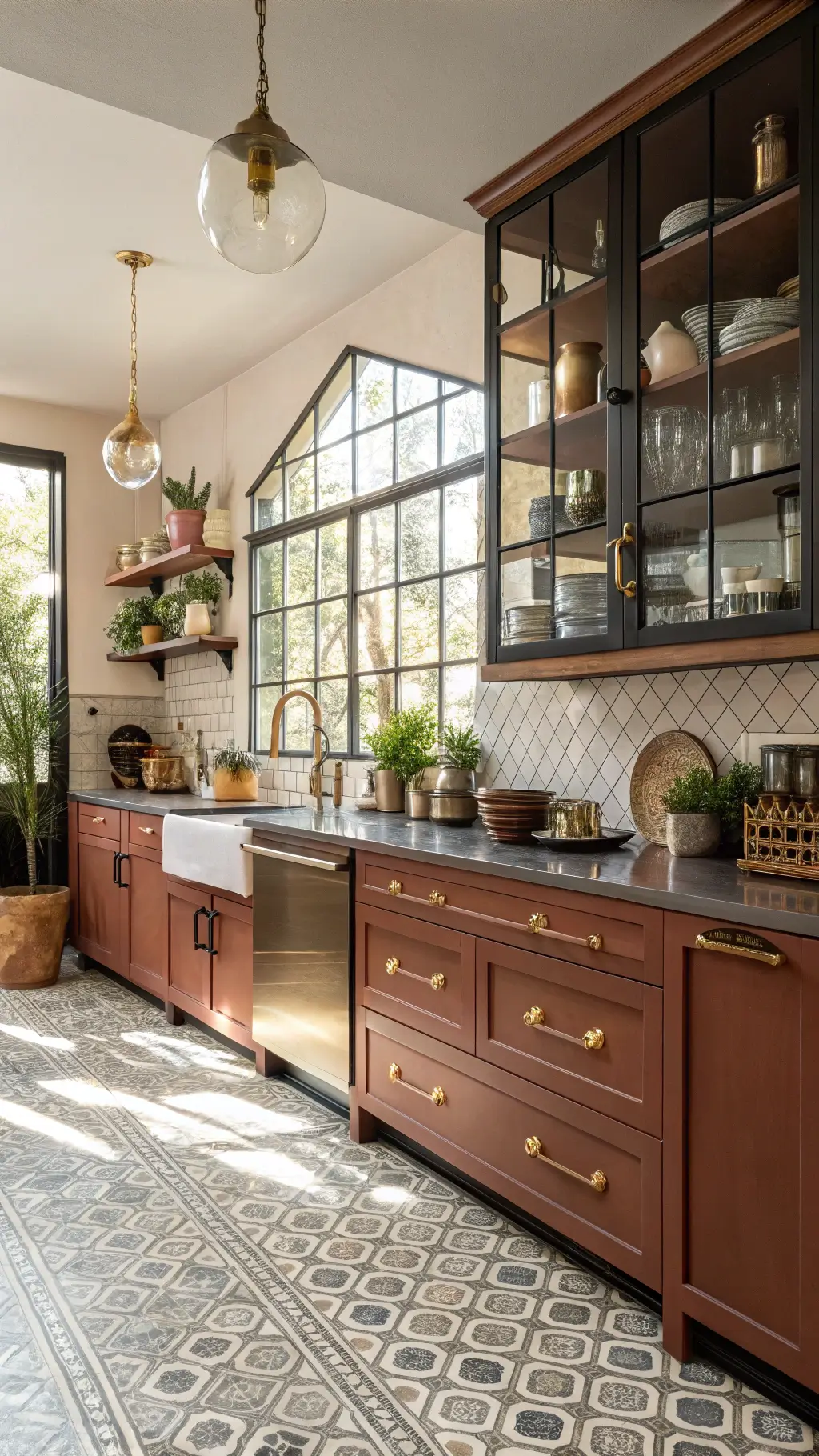 Eclectic kitchen with clay-toned cabinets, mixed metal hardware, patterned cement tile flooring, open shelving with ceramics, vintage brass pendants, global artifacts, pottery, and trailing plants in afternoon light.