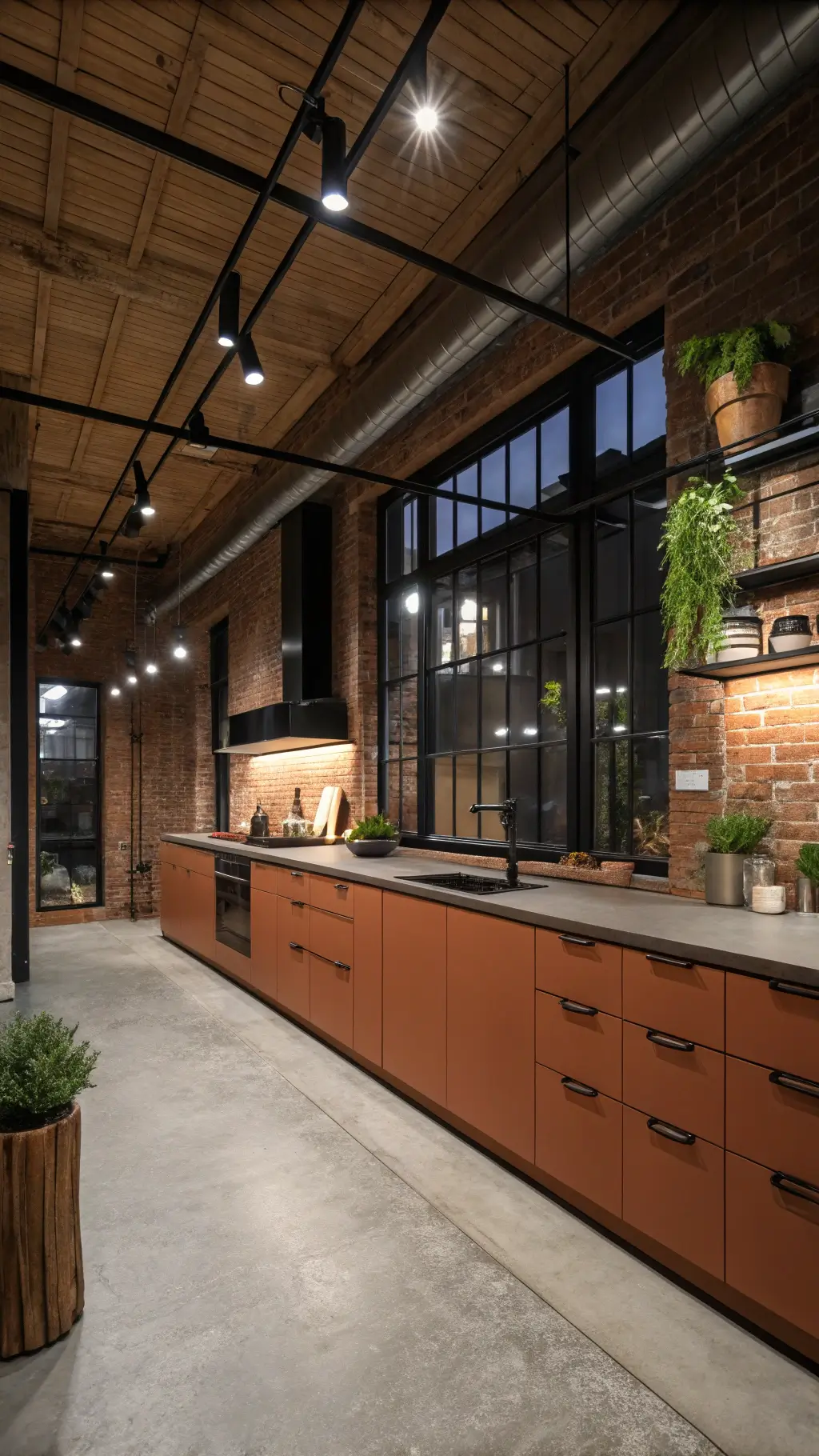 Low angle view of an industrial-chic 16x18ft loft kitchen with terracotta cabinets, exposed brick walls, concrete floors, black steel-framed windows, soapstone countertops, track lighting on exposed beams and styled minimal greenery under moody dusk lighting.