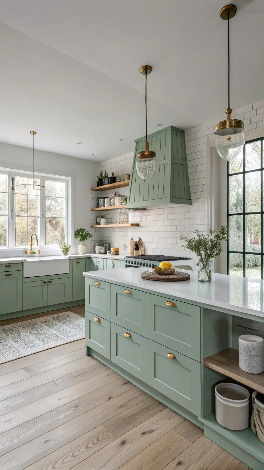 Scandinavian kitchen at dawn with mint green cabinets, pale pine shelving, white countertops, brass pendant lights, and decor of white ceramics and dried botanicals.