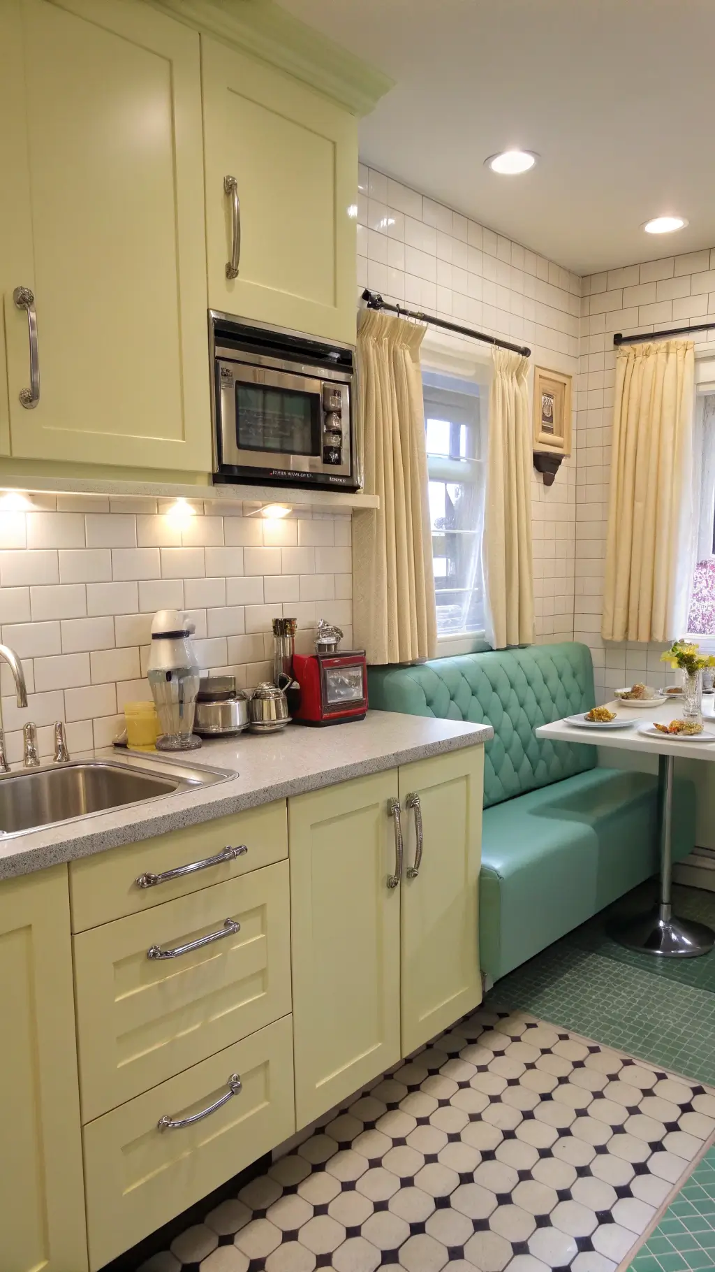 Vintage-inspired kitchen with mint green cabinets, cream subway tile backsplash, checkerboard floor, and breakfast nook in soft morning light.